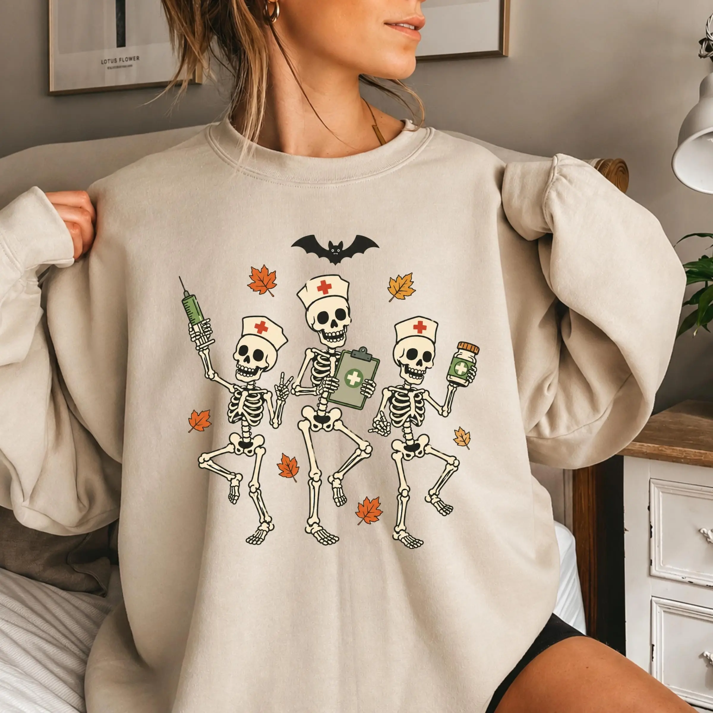 Gildan Nurse Skeleton Sweatshirt, Funny Halloween Medical Crewneck, Spooky Fall Nursing Student Gift - photo 5