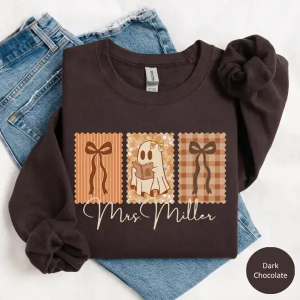 Gildan Personalized Teacher Ghost Sweatshirt, Cute Halloween Elementary School Autumn Gift Crewneck