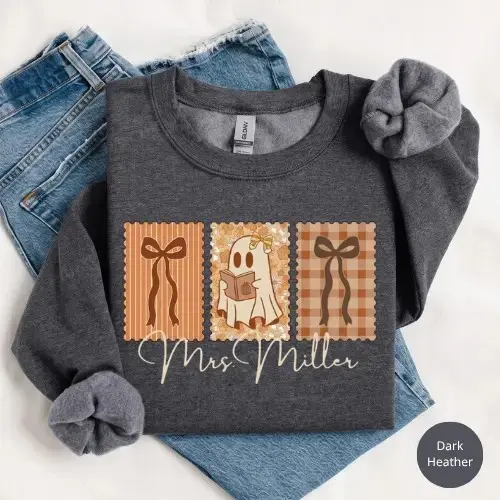 Gildan Personalized Teacher Ghost Sweatshirt, Cute Halloween Elementary School Autumn Gift Crewneck - photo 2