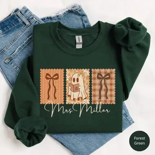 Gildan Personalized Teacher Ghost Sweatshirt, Cute Halloween Elementary School Autumn Gift Crewneck - photo 3