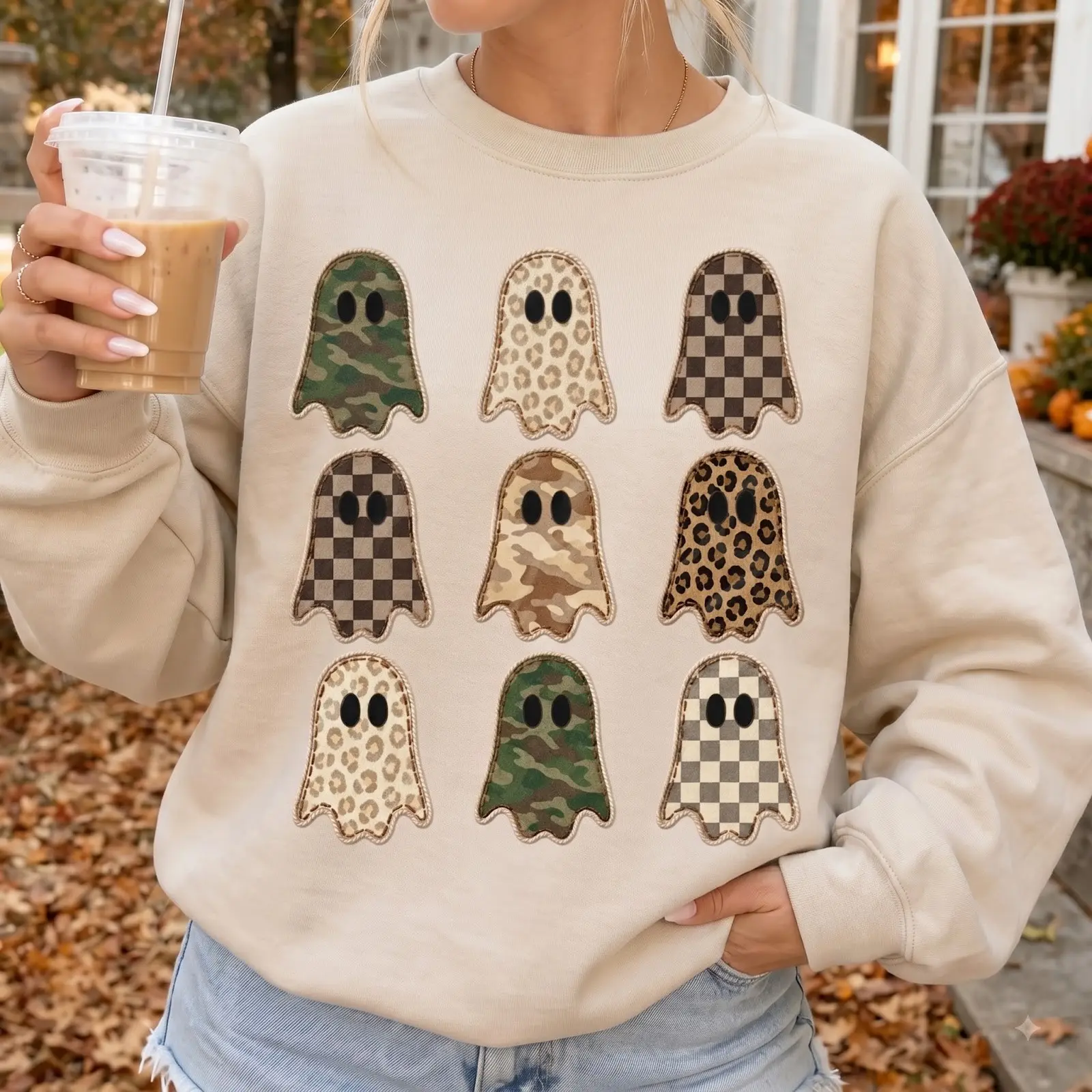 Gildan Retro Patchwork Ghost Sweatshirt, Checkered Trendy Fall Halloween Graphic Crewneck