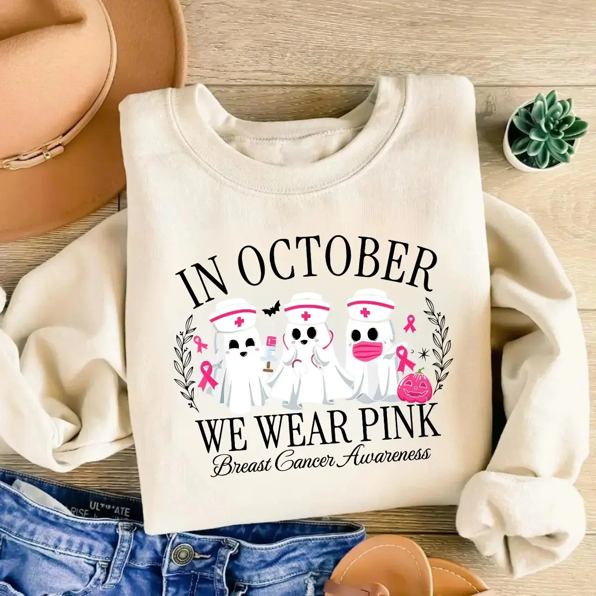 Gildan Spooky Nurse Sweatshirt, Cancer Awareness Crewneck, Halloween Nursing Crew Sweater Gift - photo 2