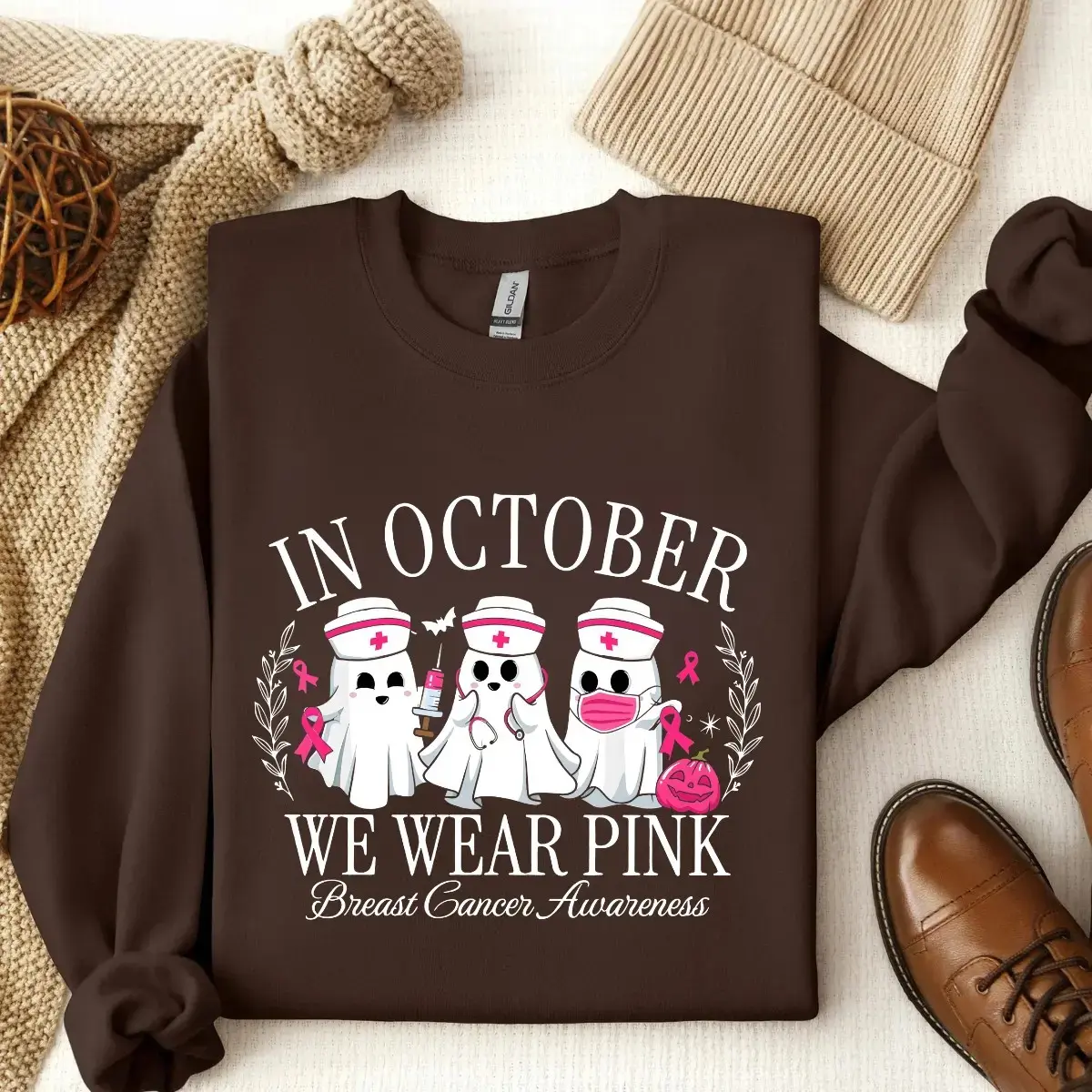 Gildan Spooky Nurse Sweatshirt, Cancer Awareness Crewneck, Halloween Nursing Crew Sweater Gift - photo 3