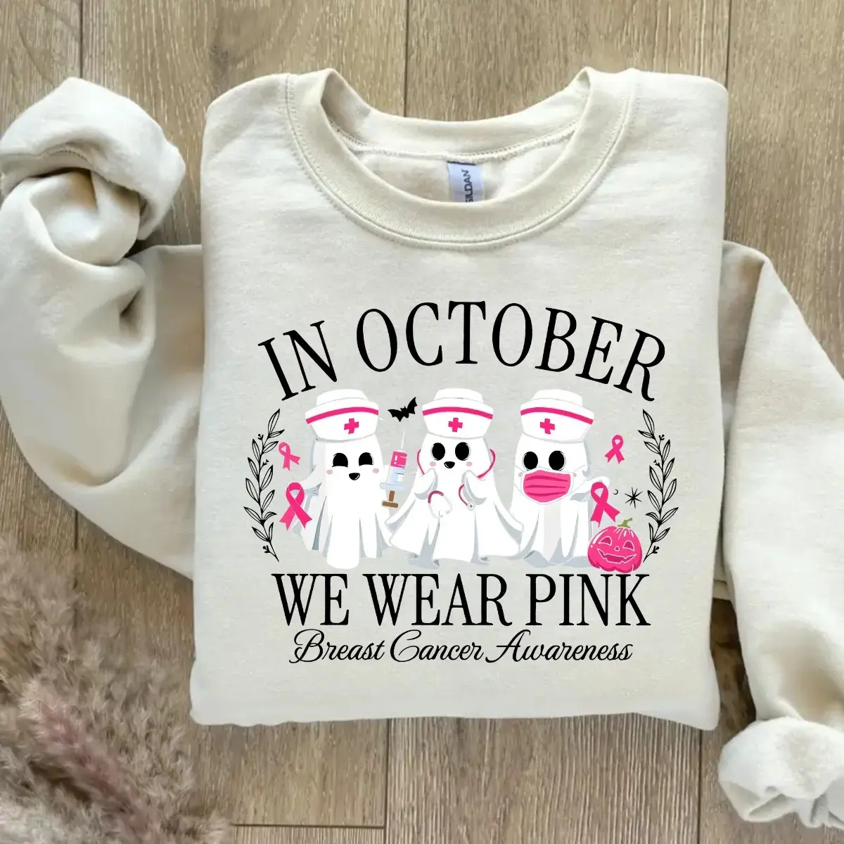 Gildan Spooky Nurse Sweatshirt, Cancer Awareness Crewneck, Halloween Nursing Crew Sweater Gift - photo 5