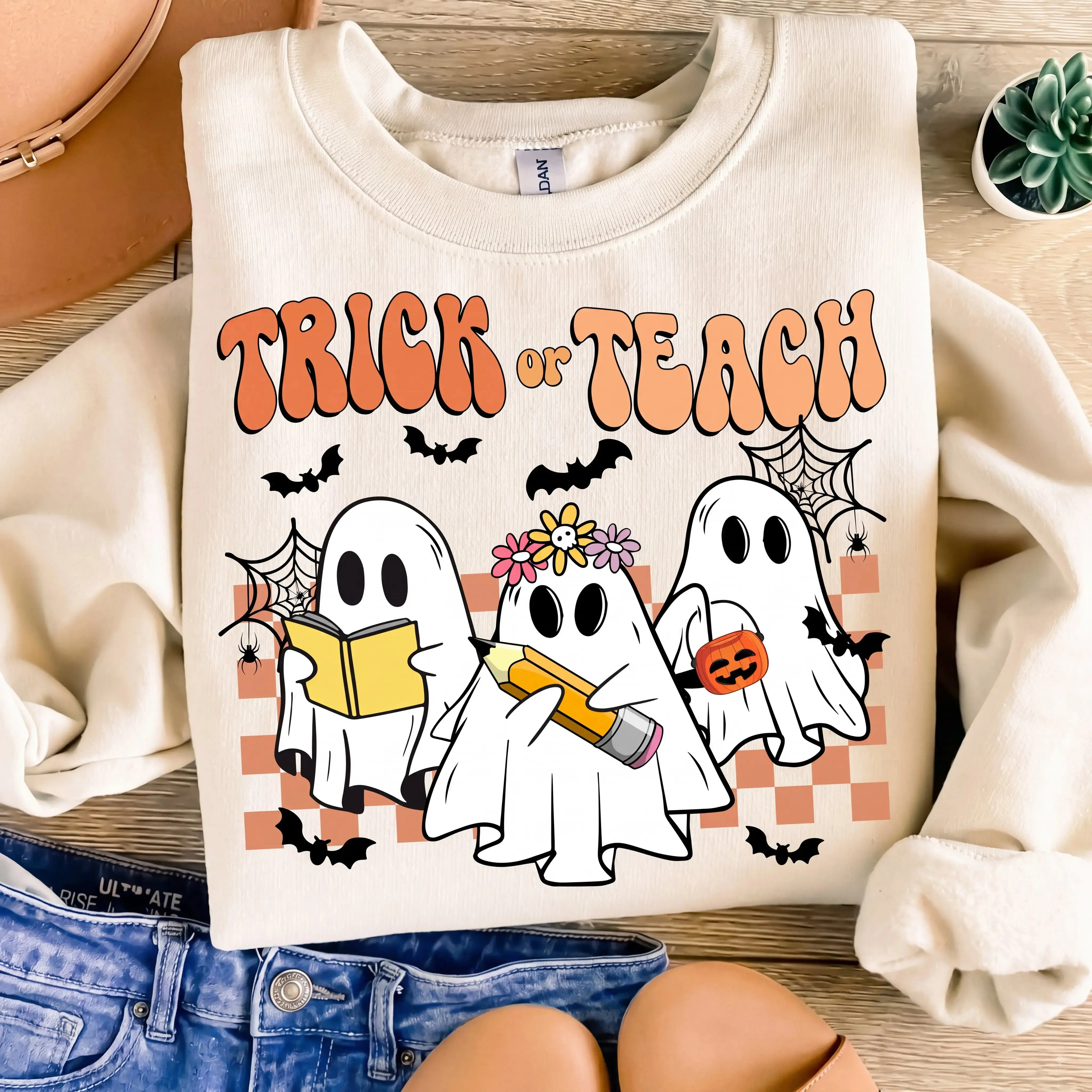Gildan Trick or Teach Sweatshirt, Funny Teacher Halloween Ghost Pumpkin Graphic Crewneck