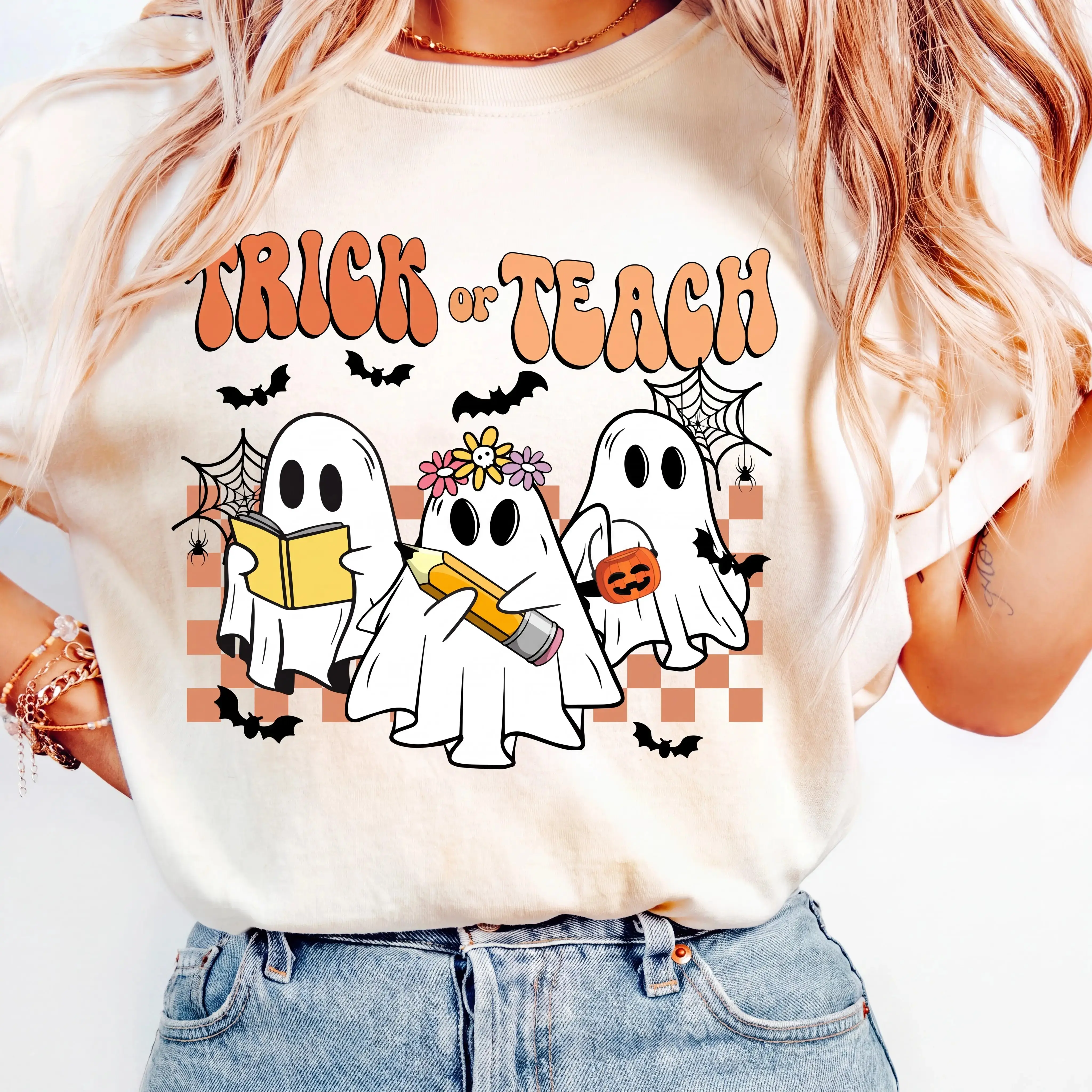 Gildan Trick or Teach Sweatshirt, Funny Teacher Halloween Ghost Pumpkin Graphic Crewneck - photo 2