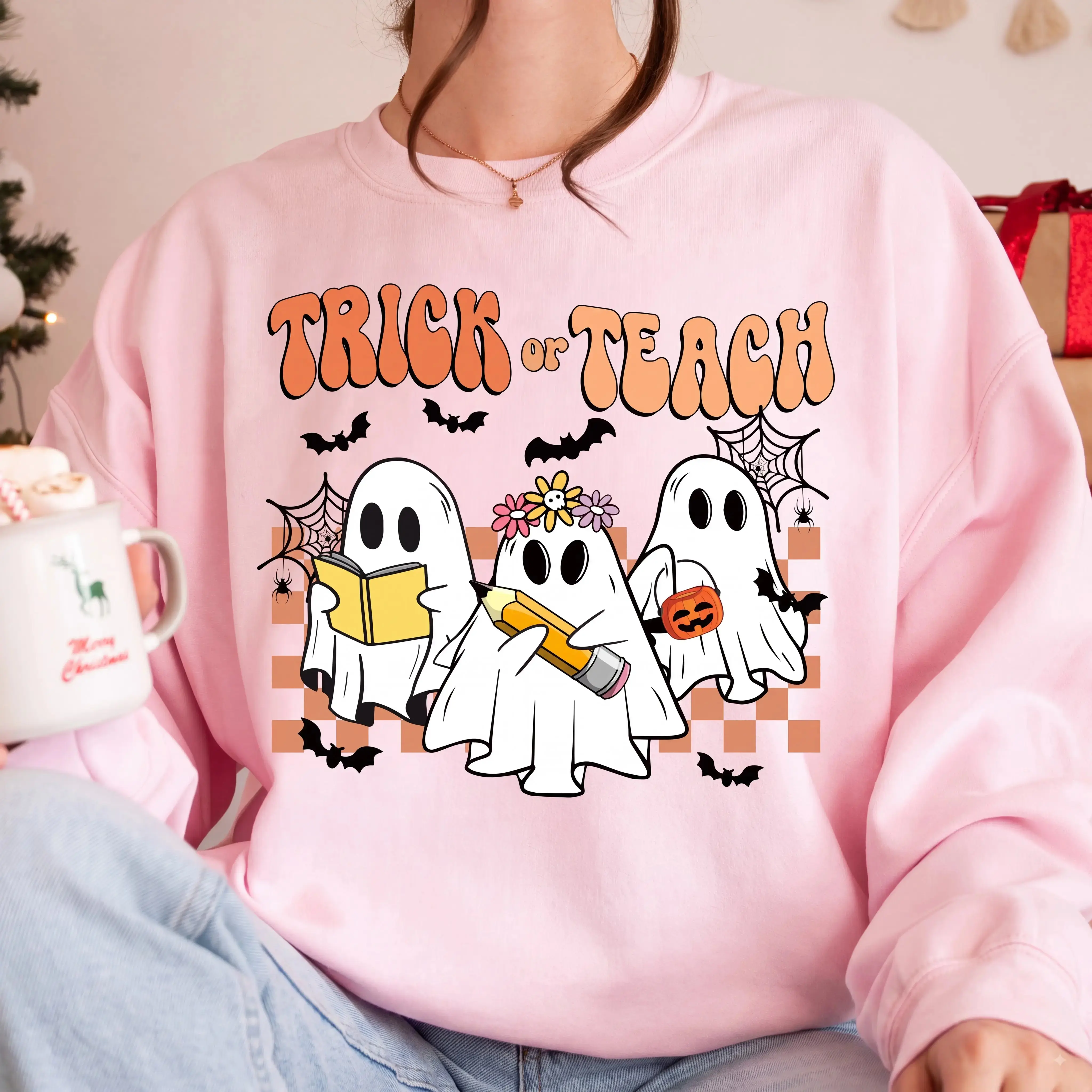 Gildan Trick or Teach Sweatshirt, Funny Teacher Halloween Ghost Pumpkin Graphic Crewneck - photo 3