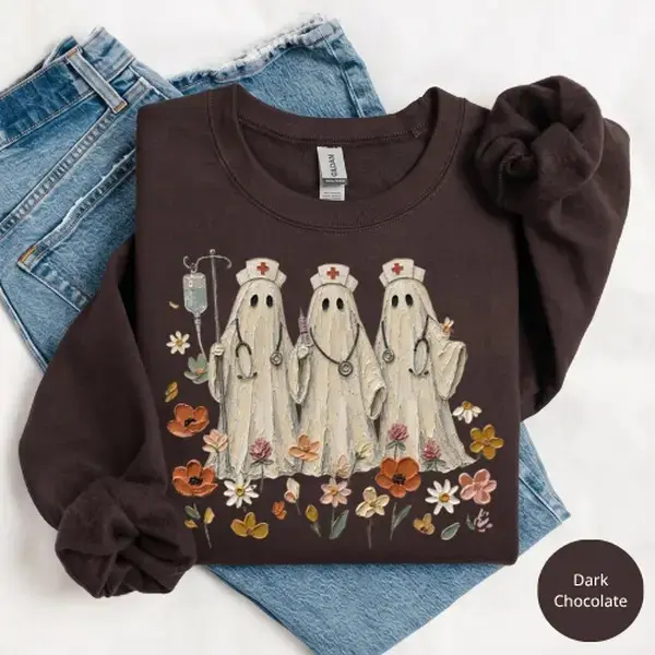 Gildan Wildflower Ghost Nurse Sweatshirt, Spooky Floral Botanical Halloween Nursing Gift Crewneck