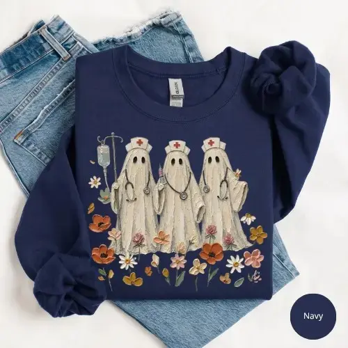 Gildan Wildflower Ghost Nurse Sweatshirt, Spooky Floral Botanical Halloween Nursing Gift Crewneck - photo 2