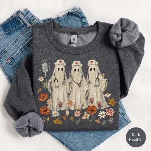 Gildan Wildflower Ghost Nurse Sweatshirt, Spooky Floral Botanical Halloween Nursing Gift Crewneck - photo 3