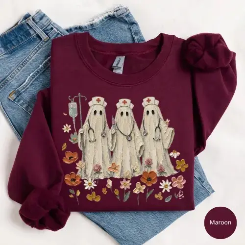 Gildan Wildflower Ghost Nurse Sweatshirt, Spooky Floral Botanical Halloween Nursing Gift Crewneck - photo 4