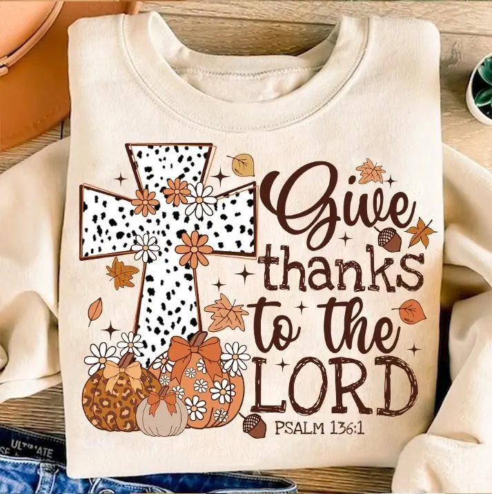 Gildan Give Thanks To The Lord Sweatshirt, Fall Leopard Pumpkin Coquette Crewneck, Christian Jesus Cross Thanksgiving Top