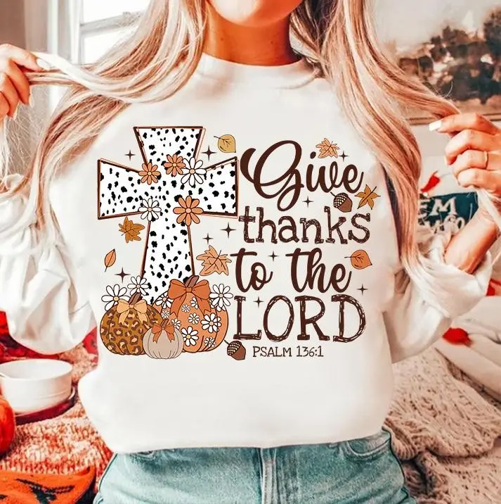 Gildan Give Thanks To The Lord Sweatshirt, Fall Leopard Pumpkin Coquette Crewneck, Christian Jesus Cross Thanksgiving Top - photo 2