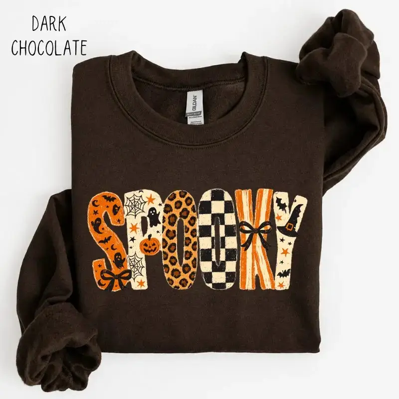 Gildan Spooky Retro Checkered Sweatshirt, Leopard Print Halloween Crewneck, Girly Graphic Fall Top