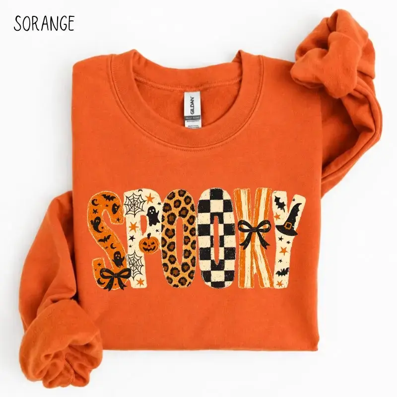 Gildan Spooky Retro Checkered Sweatshirt, Leopard Print Halloween Crewneck, Girly Graphic Fall Top - photo 2