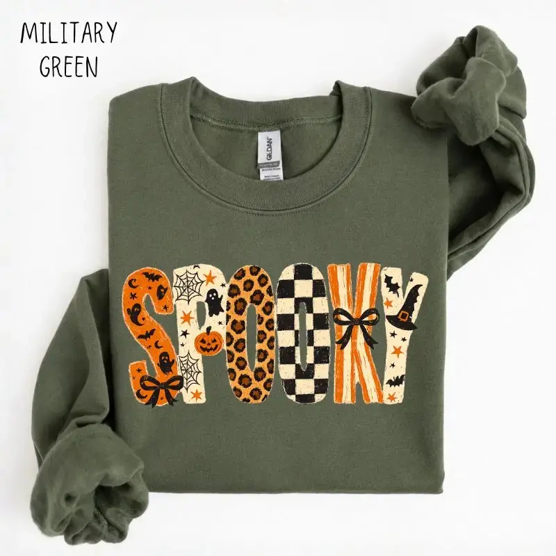 Gildan Spooky Retro Checkered Sweatshirt, Leopard Print Halloween Crewneck, Girly Graphic Fall Top - photo 3