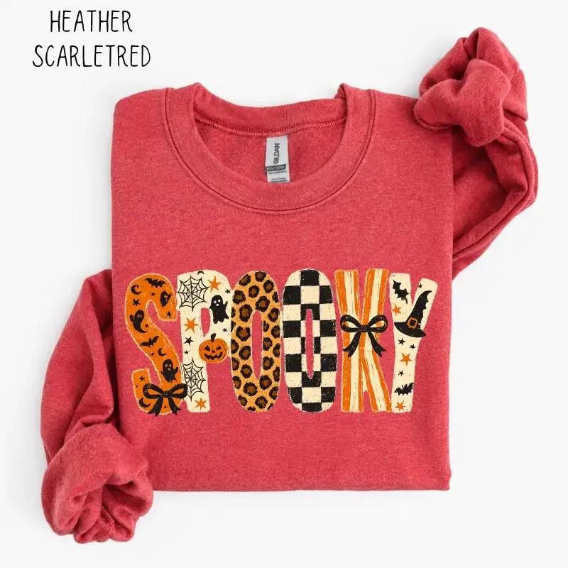 Gildan Spooky Retro Checkered Sweatshirt, Leopard Print Halloween Crewneck, Girly Graphic Fall Top - photo 4