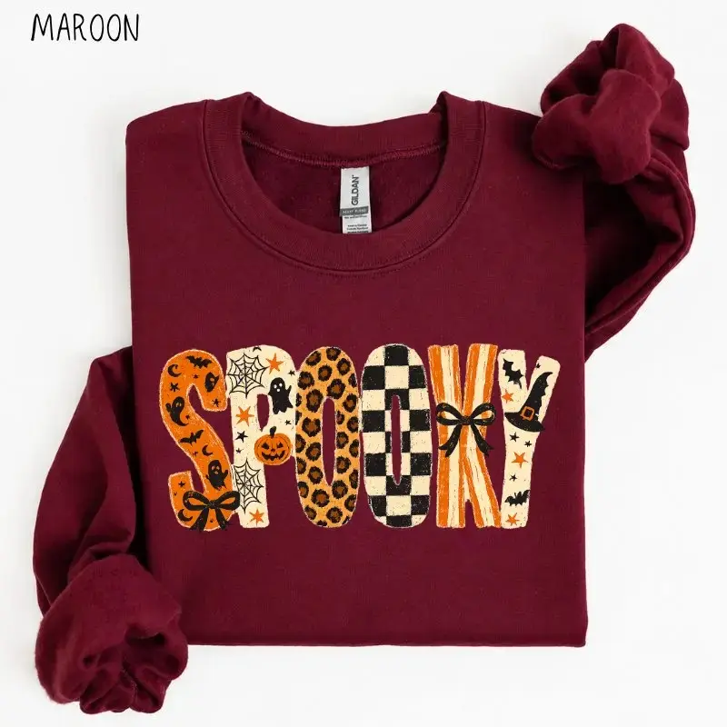 Gildan Spooky Retro Checkered Sweatshirt, Leopard Print Halloween Crewneck, Girly Graphic Fall Top - photo 5