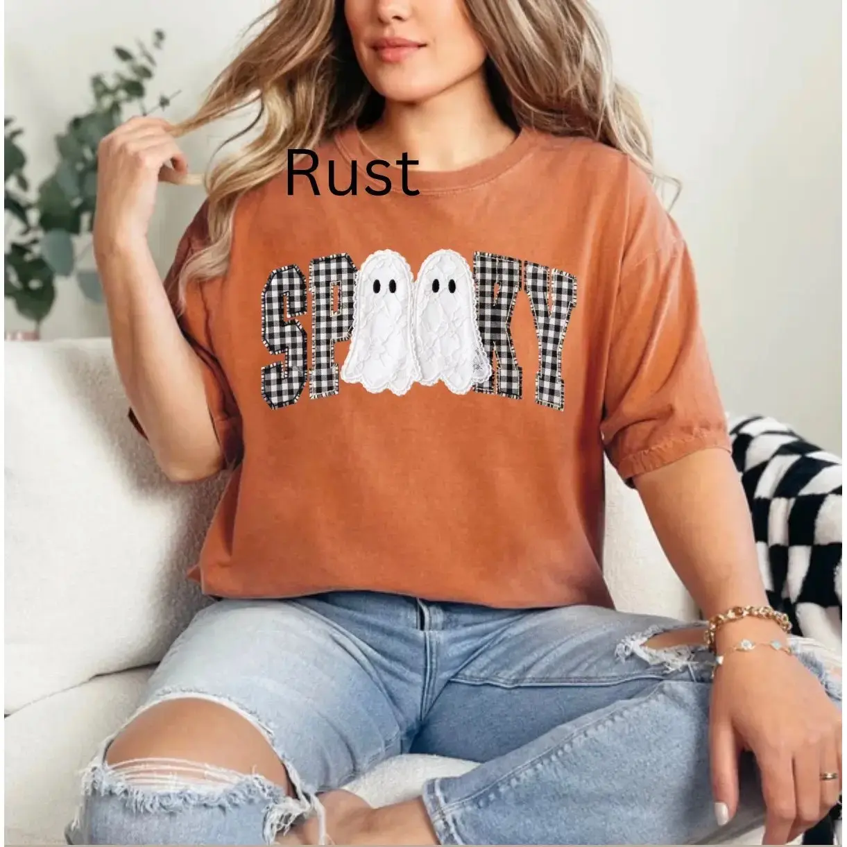 Gingham Spooky Ghost Shirt, Womens Halloween Lace Graphic Tee, Vintage Retro Trendy Fall Top