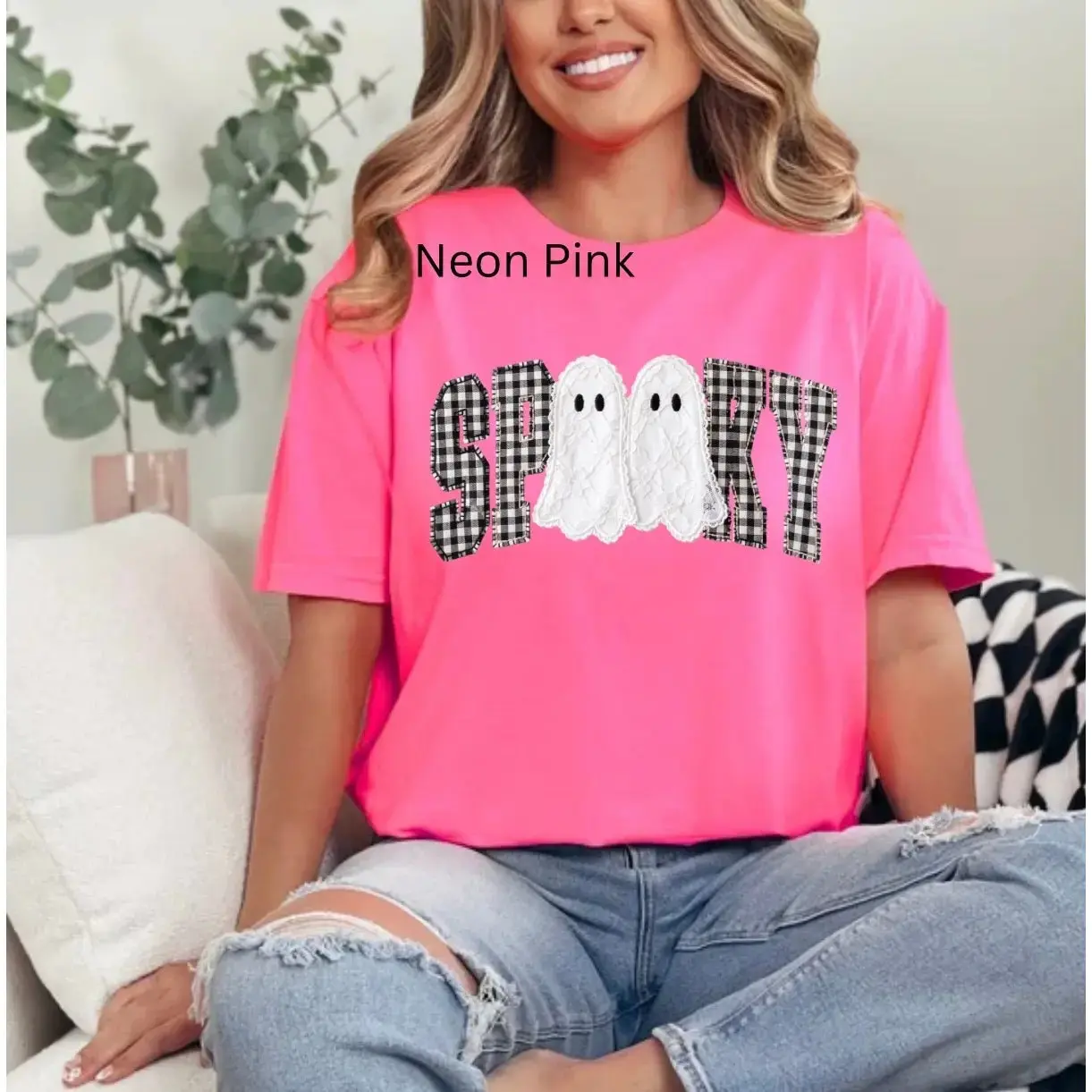 Gingham Spooky Ghost Shirt, Womens Halloween Lace Graphic Tee, Vintage Retro Trendy Fall Top - photo 2