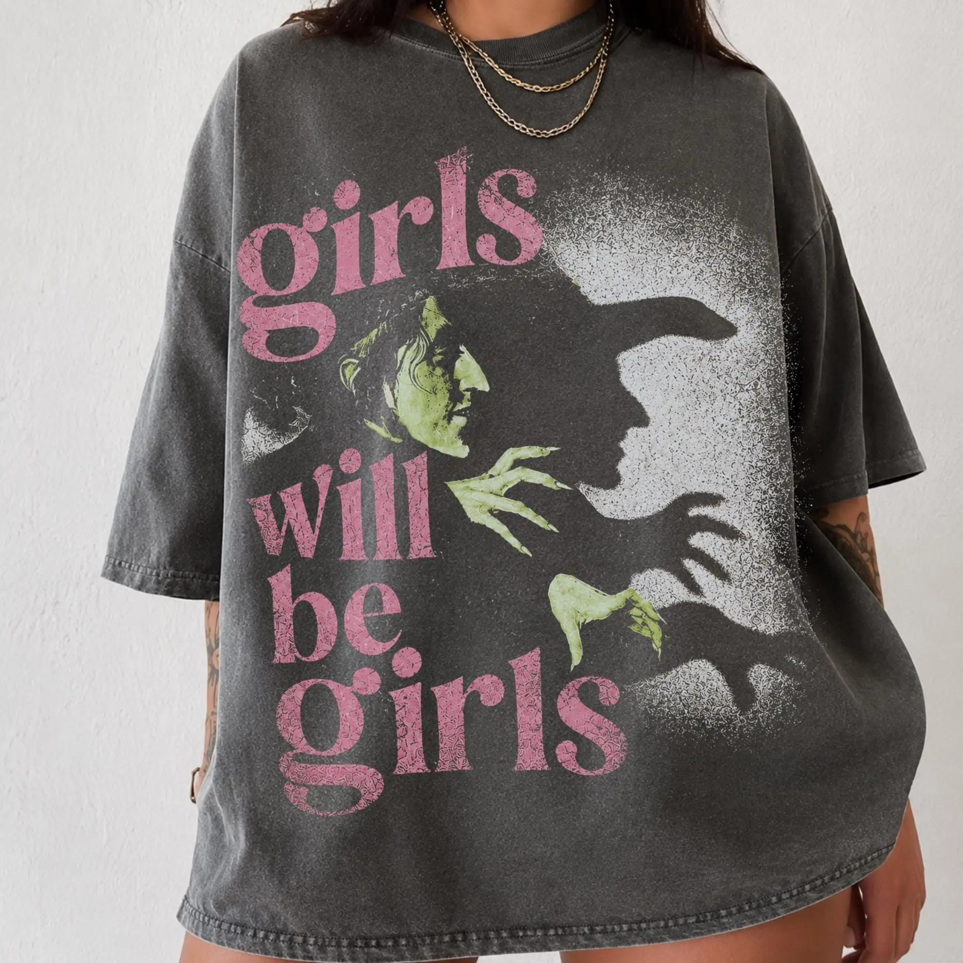 Girls Will Be Girls Shirt, Witchy Feminist Goth Graphic Tee, Pink Witch Grunge Vintage Summerween Top for Women