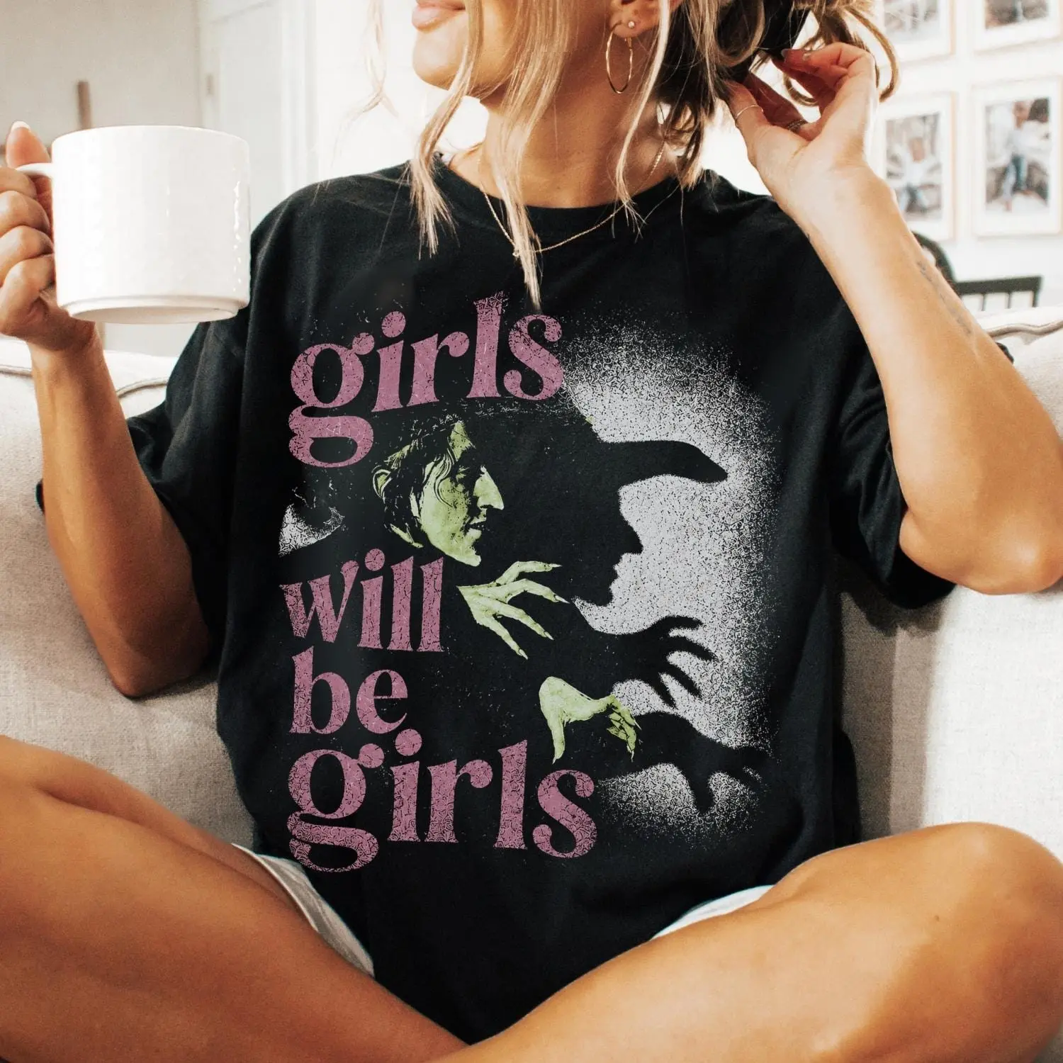 Girls Will Be Girls Shirt, Witchy Feminist Goth Graphic Tee, Pink Witch Grunge Vintage Summerween Top for Women - photo 2
