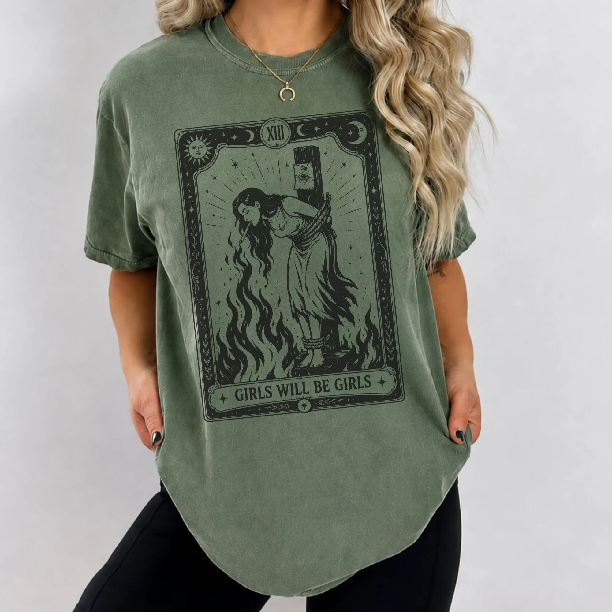 Girls Will Be Girls Witch Comfort Colors Shirt, Burn Witches Women's Rights Tee, Cigarette Feminist Halloween Gift - photo 2
