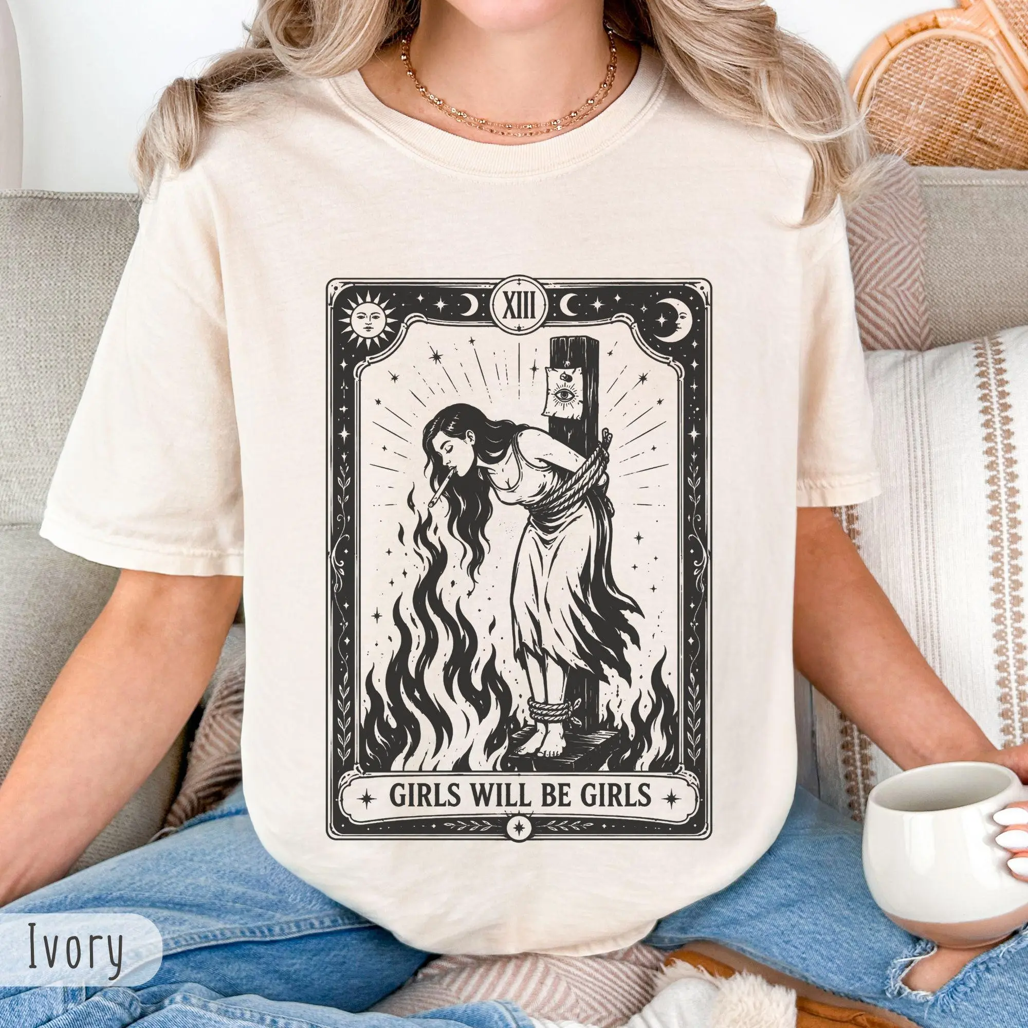 Girls Will Be Girls Witch Comfort Colors Shirt, Burn Witches Women's Rights Tee, Cigarette Feminist Halloween Gift - photo 3