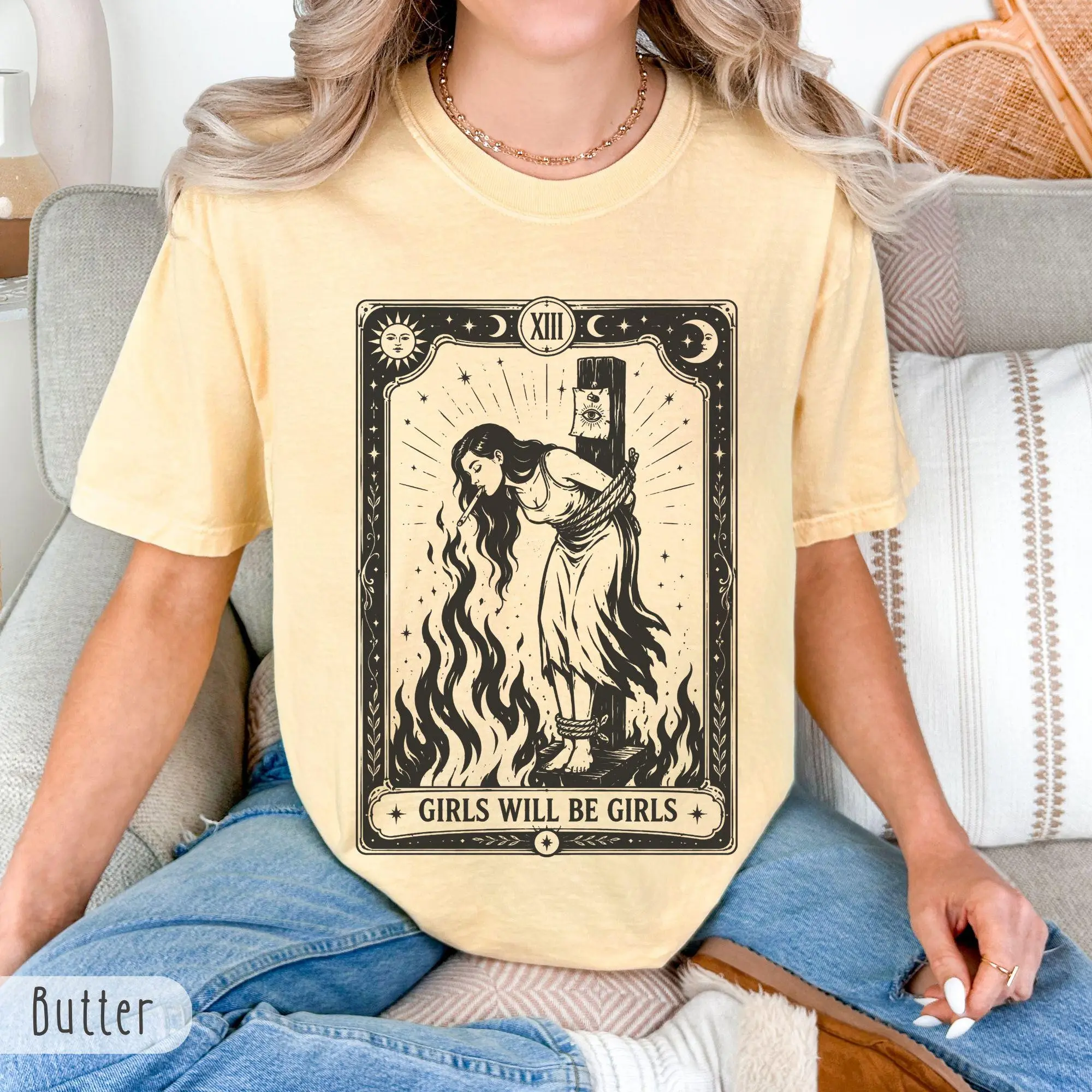 Girls Will Be Girls Witch Comfort Colors Shirt, Burn Witches Women's Rights Tee, Cigarette Feminist Halloween Gift - photo 4