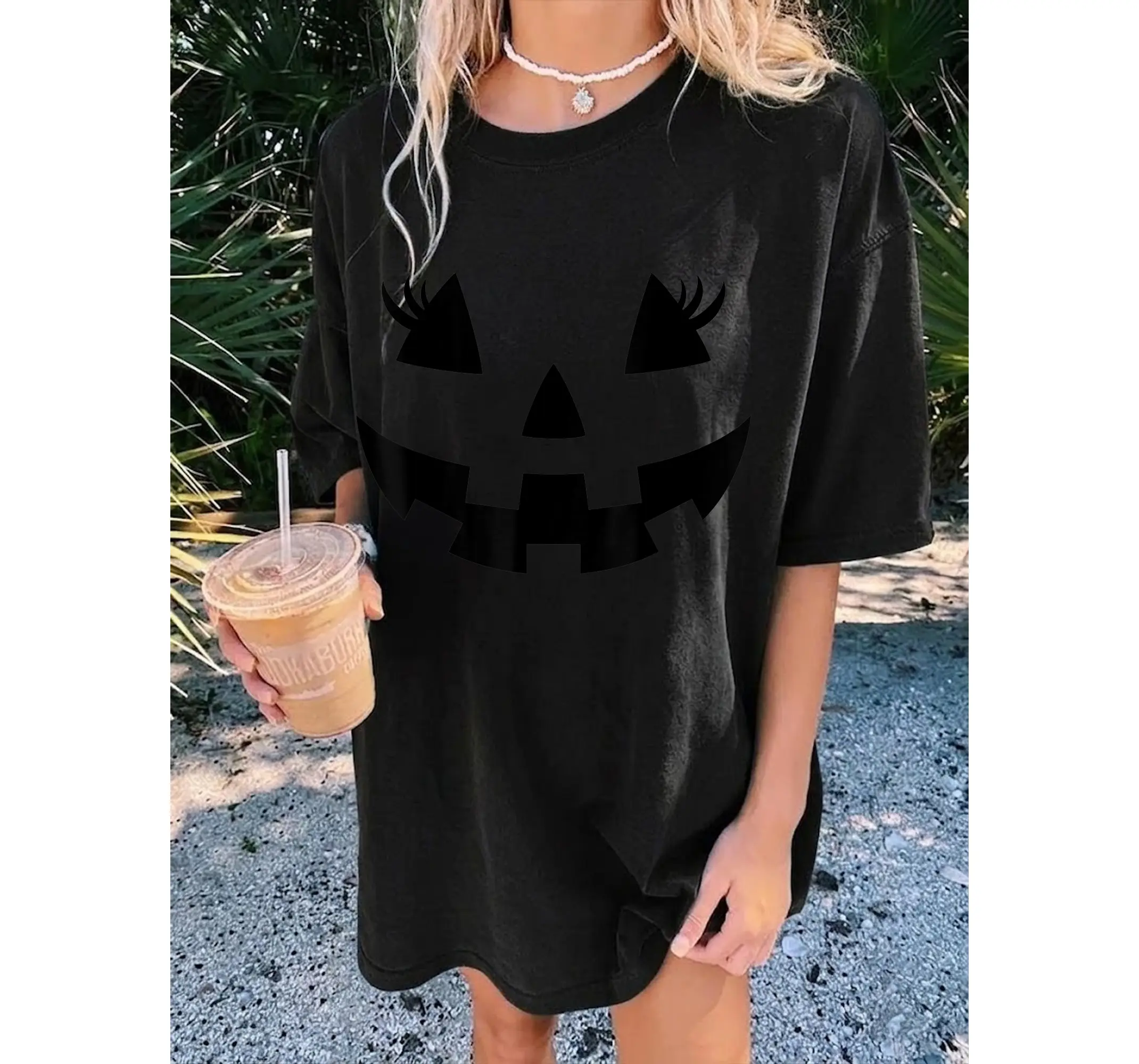 Girly Jack O Lantern Face Tee, Cute Pumpkin Eyelashes Funny Halloween Costume Shirt