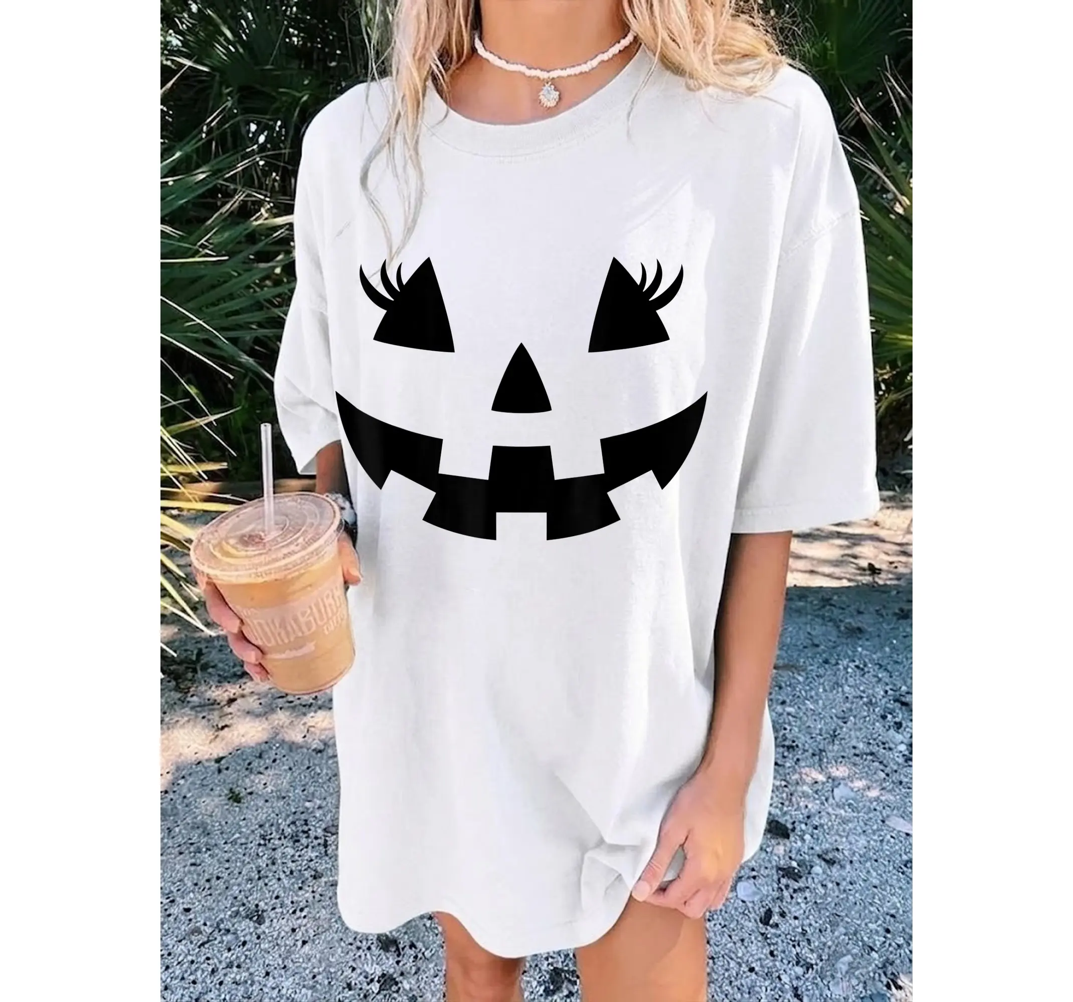 Girly Jack O Lantern Face Tee, Cute Pumpkin Eyelashes Funny Halloween Costume Shirt - photo 2