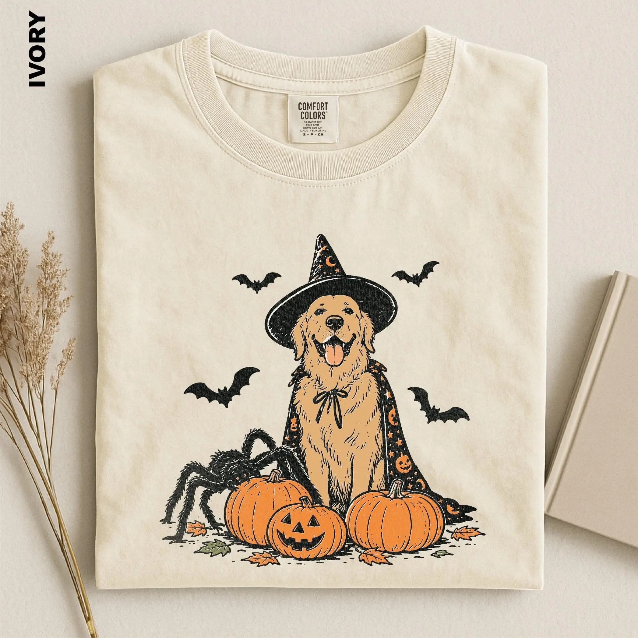 Comfort Colors Golden Retriever Halloween Shirt, Witch Dog Pumpkin Tee, Spooky Dog Mom Gift for Women - photo 2