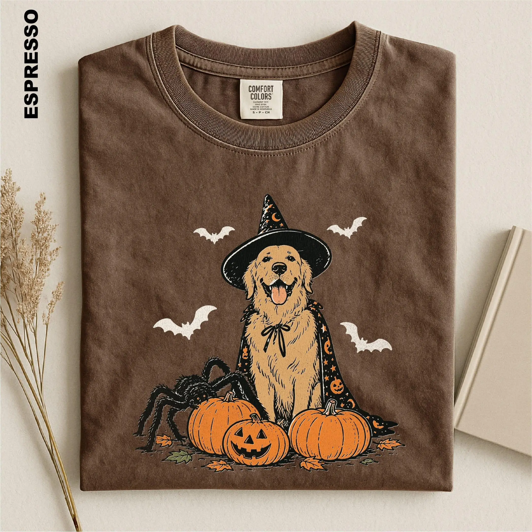 Comfort Colors Golden Retriever Halloween Shirt, Witch Dog Pumpkin Tee, Spooky Dog Mom Gift for Women - photo 3