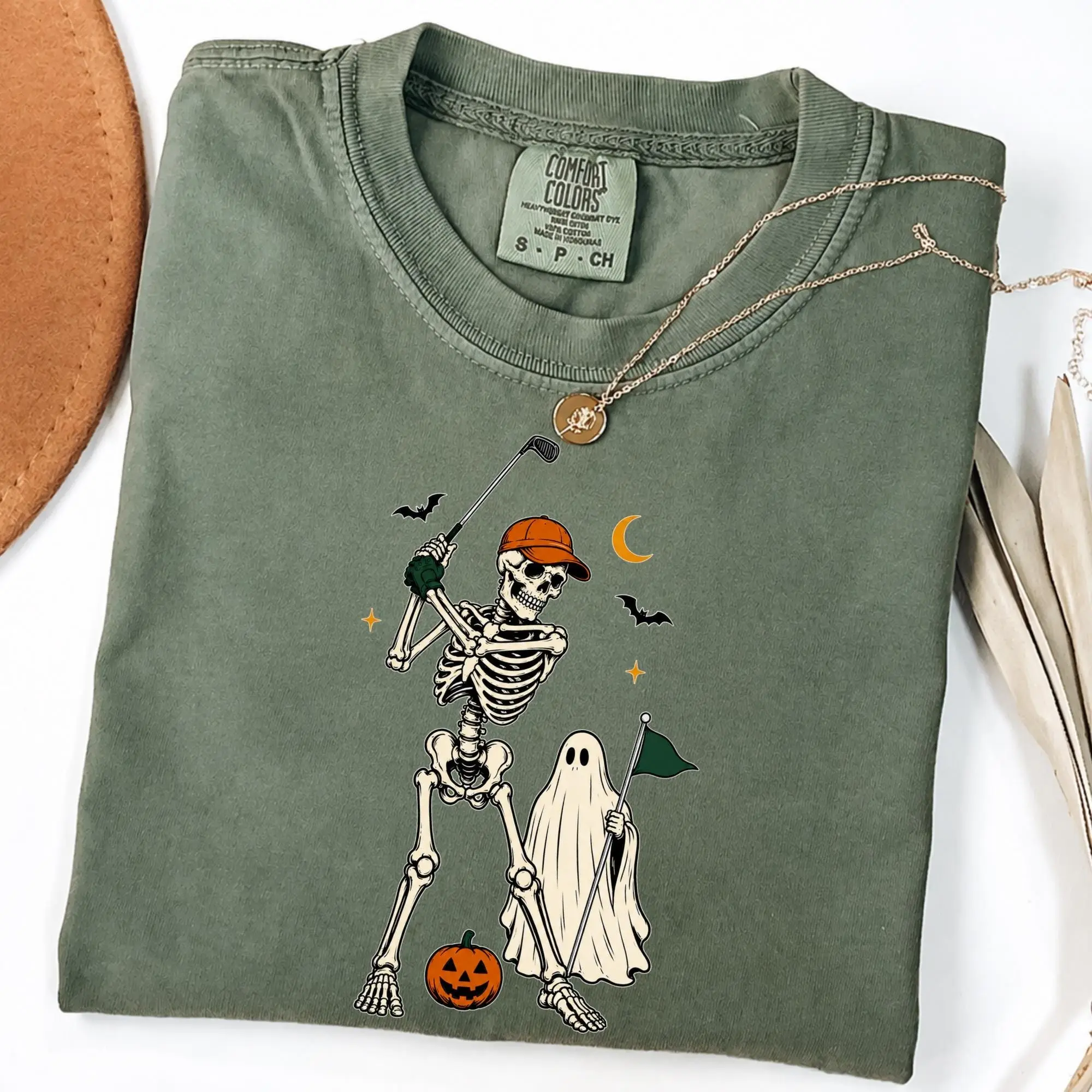 Comfort Colors Skeleton Golfer Halloween Shirt, Funny Ghost Golf Graphic Tee, Spooky Season Gift