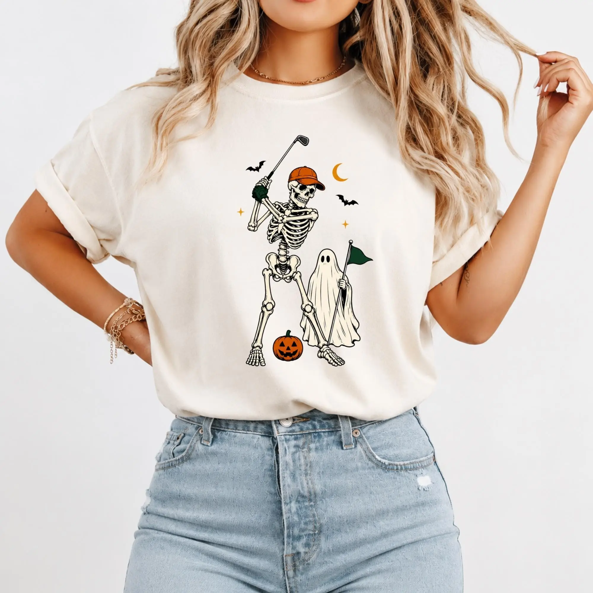 Comfort Colors Skeleton Golfer Halloween Shirt, Funny Ghost Golf Graphic Tee, Spooky Season Gift - photo 2