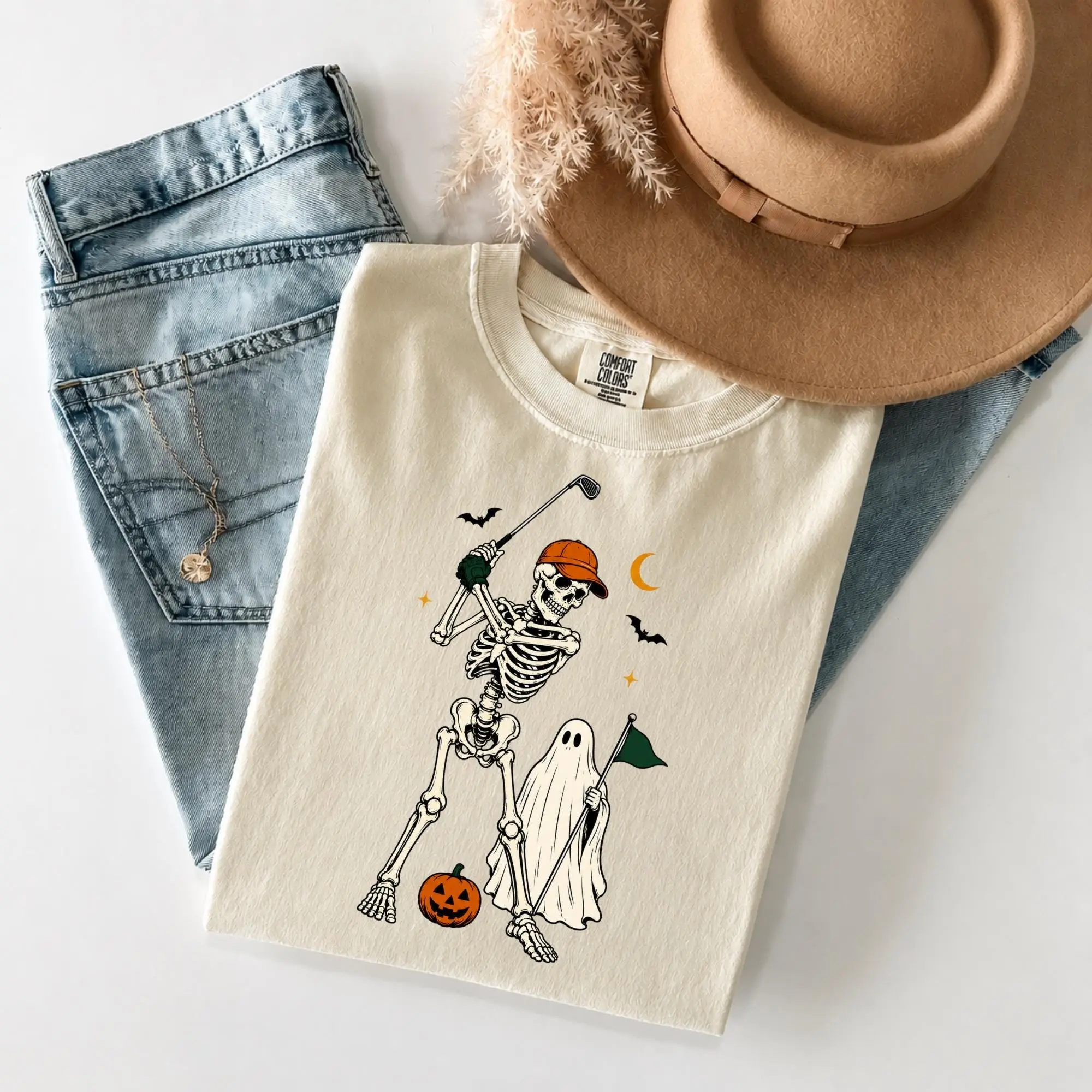 Comfort Colors Skeleton Golfer Halloween Shirt, Funny Ghost Golf Graphic Tee, Spooky Season Gift - photo 4
