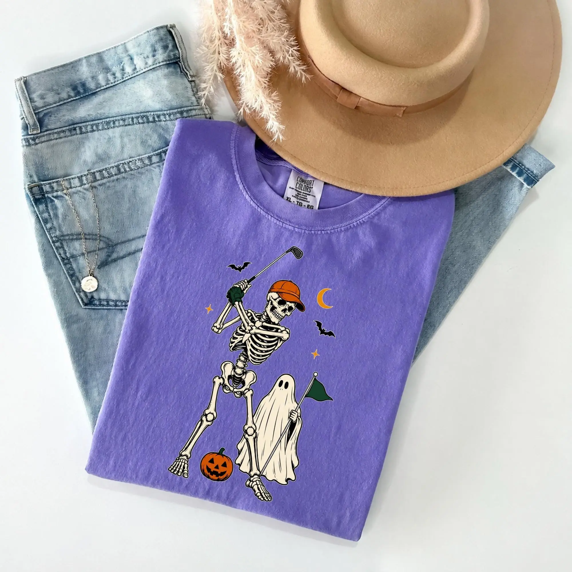 Comfort Colors Skeleton Golfer Halloween Shirt, Funny Ghost Golf Graphic Tee, Spooky Season Gift - photo 5