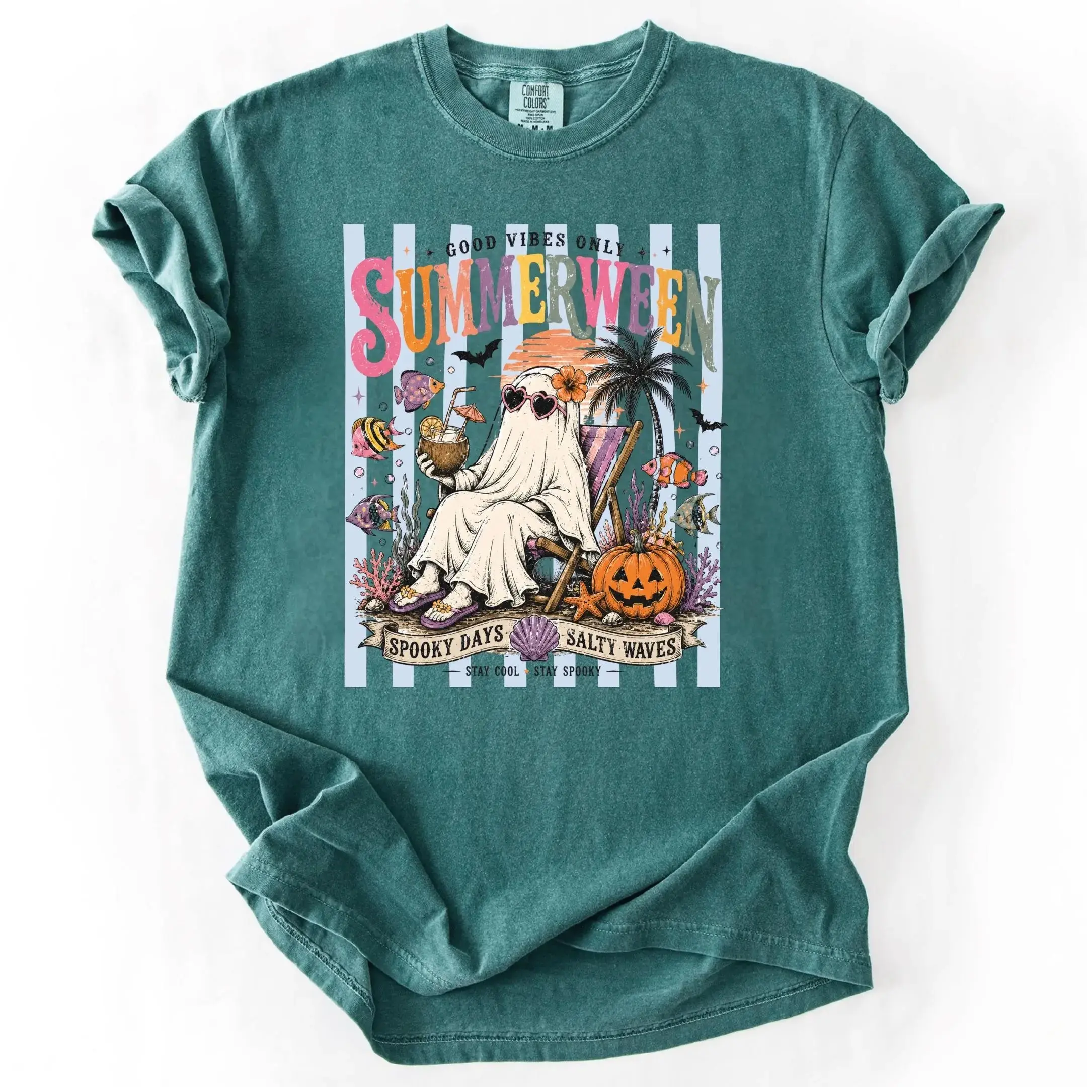 Comfort Colors Good Vibes Only Summerween Shirt, Retro Ghost Beach Spooky Halloween in July Tee for Women - photo 2