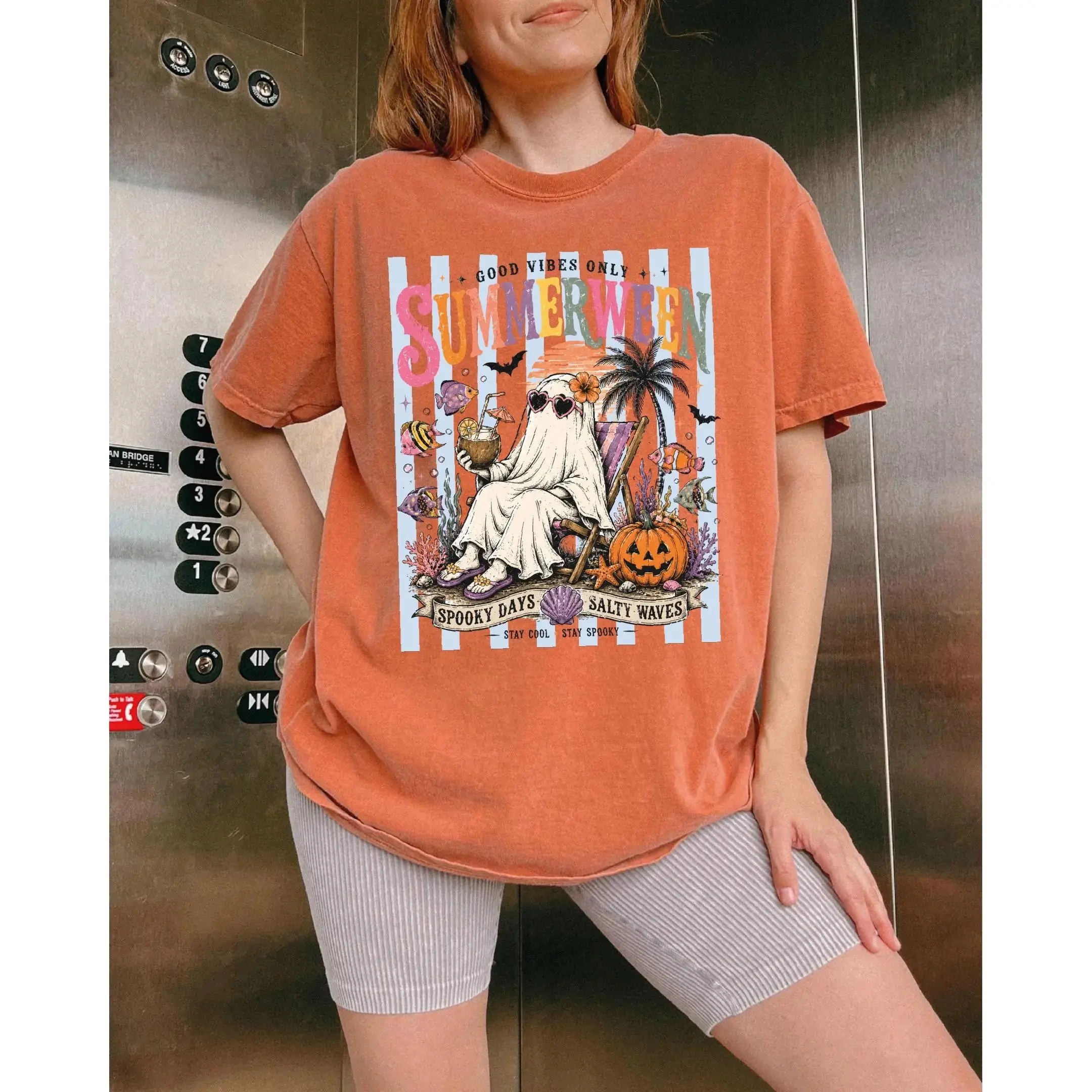 Comfort Colors Good Vibes Only Summerween Shirt, Retro Ghost Beach Spooky Halloween in July Tee for Women - photo 3