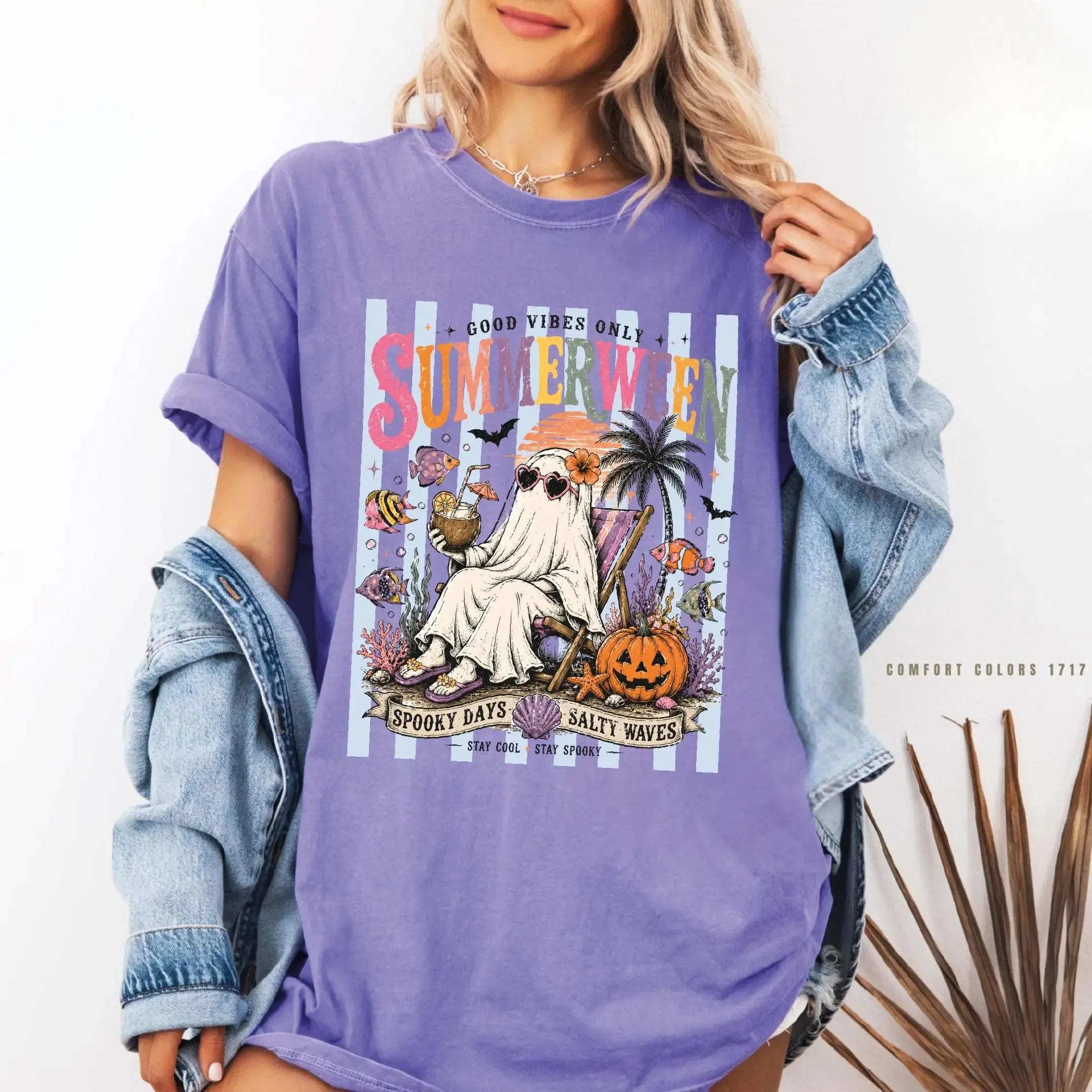 Comfort Colors Good Vibes Only Summerween Shirt, Retro Ghost Beach Spooky Halloween in July Tee for Women - photo 5