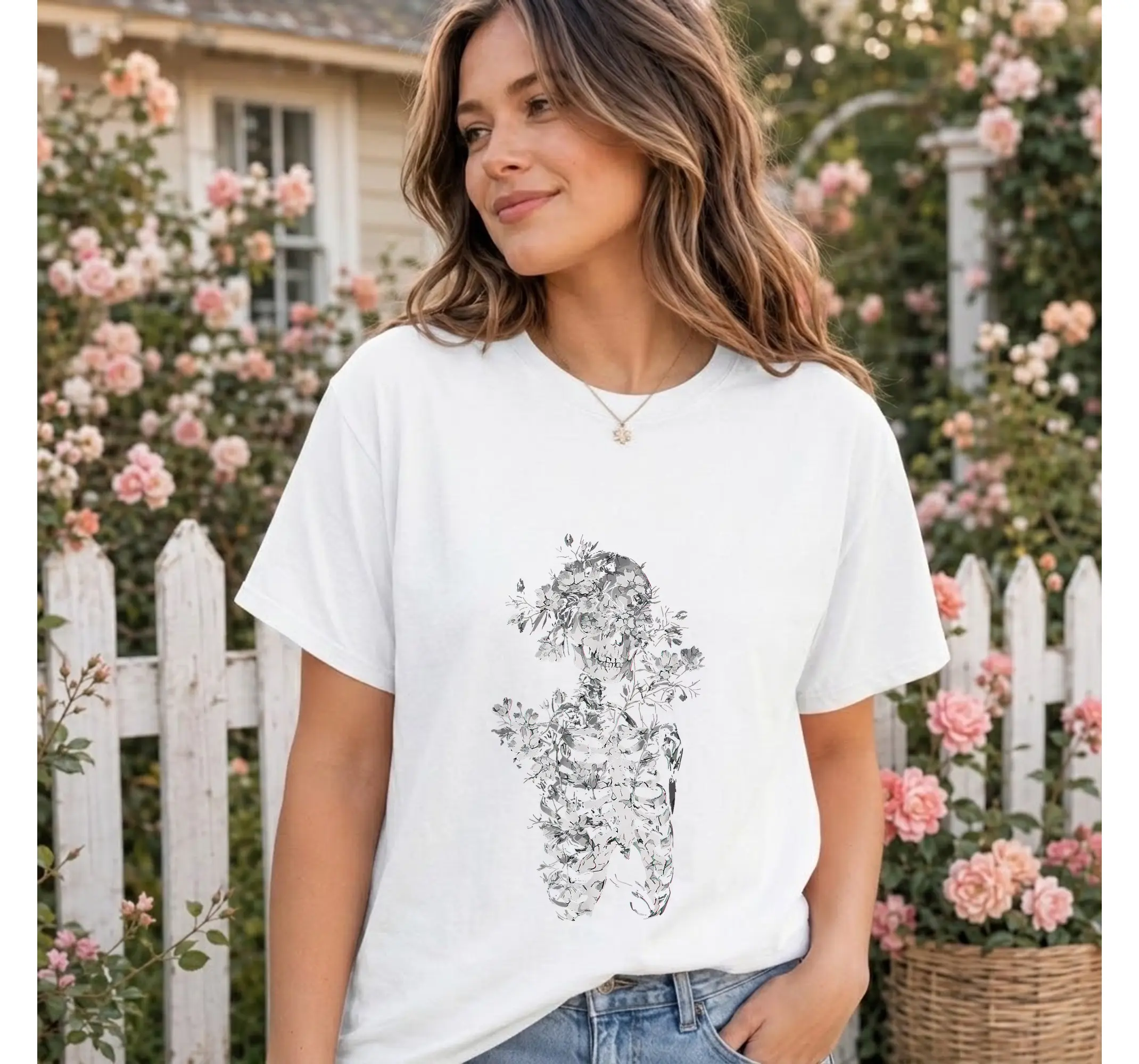 Gothic Botanical Skeleton Graphic Tee, Dark Alternative Witchy Anatomy Aesthetic Shirt