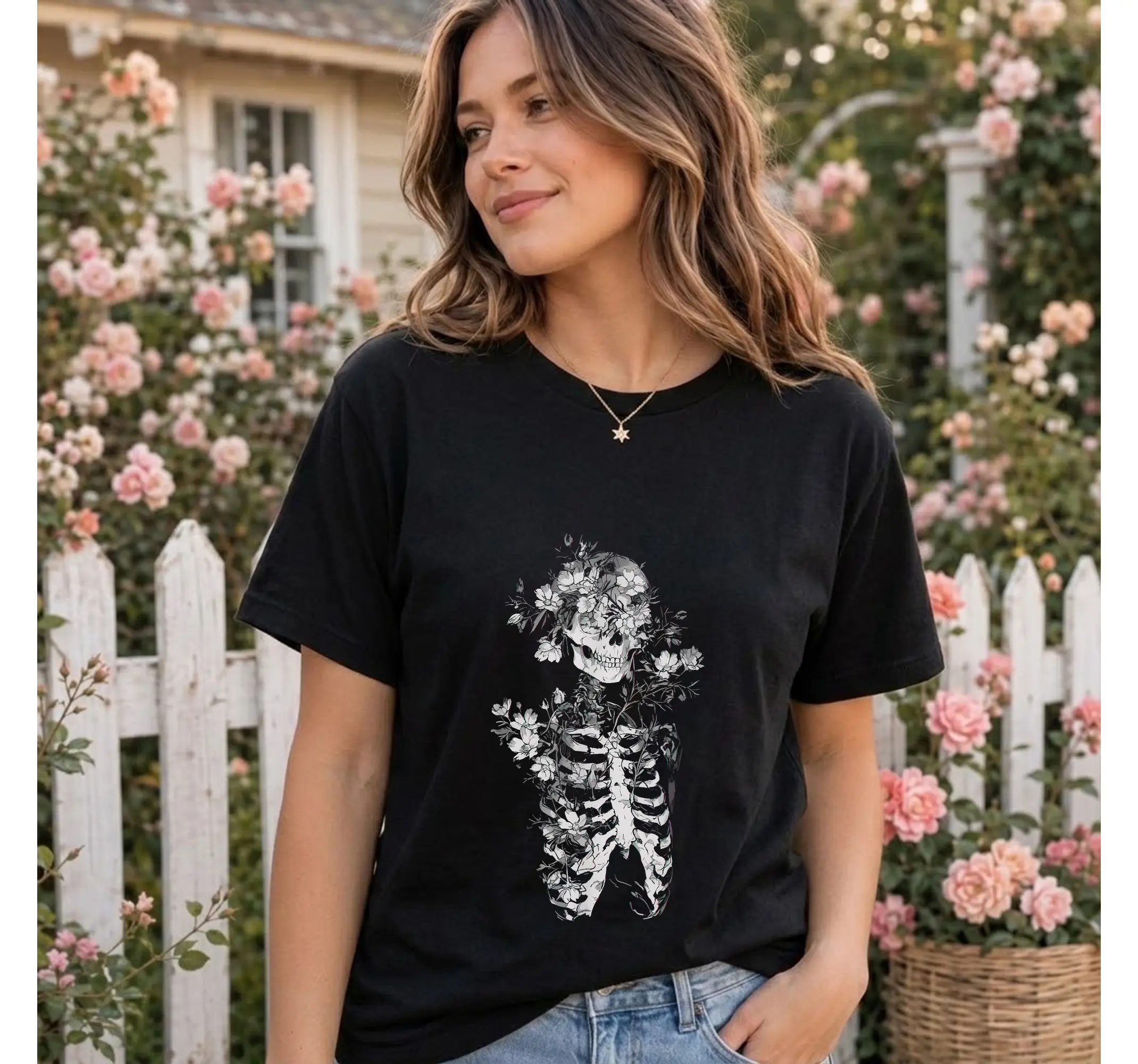 Gothic Botanical Skeleton Graphic Tee, Dark Alternative Witchy Anatomy Aesthetic Shirt - photo 2