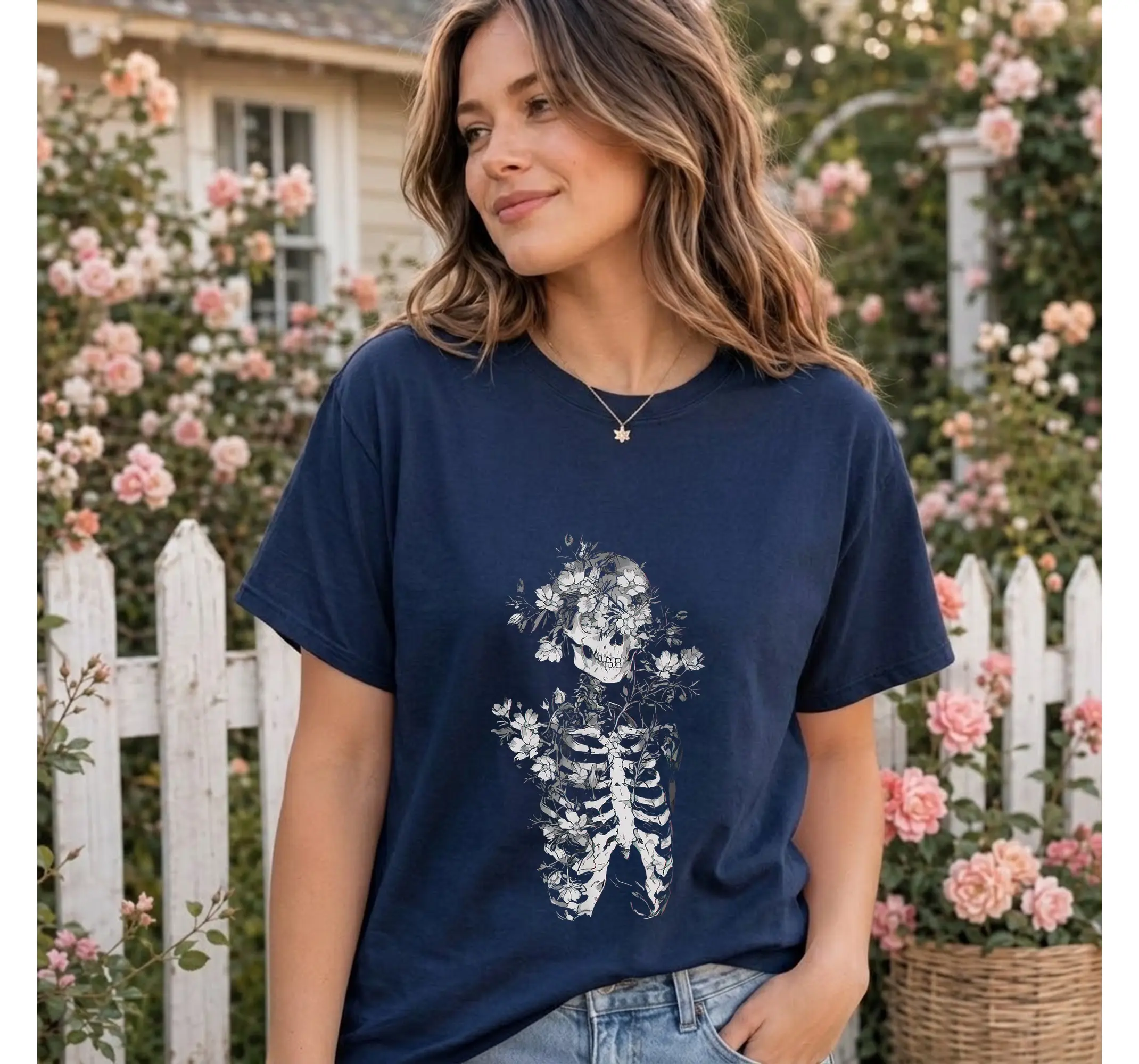 Gothic Botanical Skeleton Graphic Tee, Dark Alternative Witchy Anatomy Aesthetic Shirt - photo 3