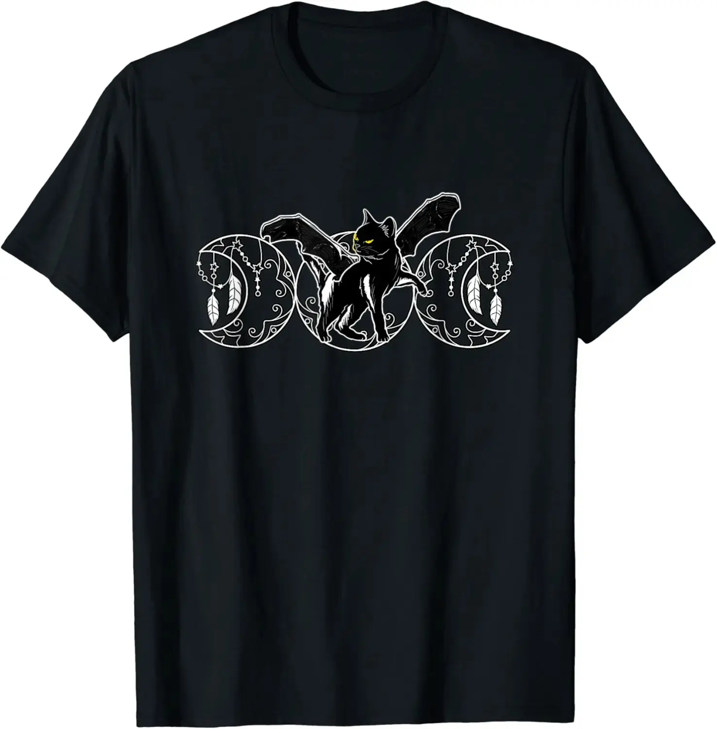 Comfort Colors Gothic Cat with Bat Wings Halloween T-Shirt, Celestial Moon Stars Witchy Occult Fall Tee