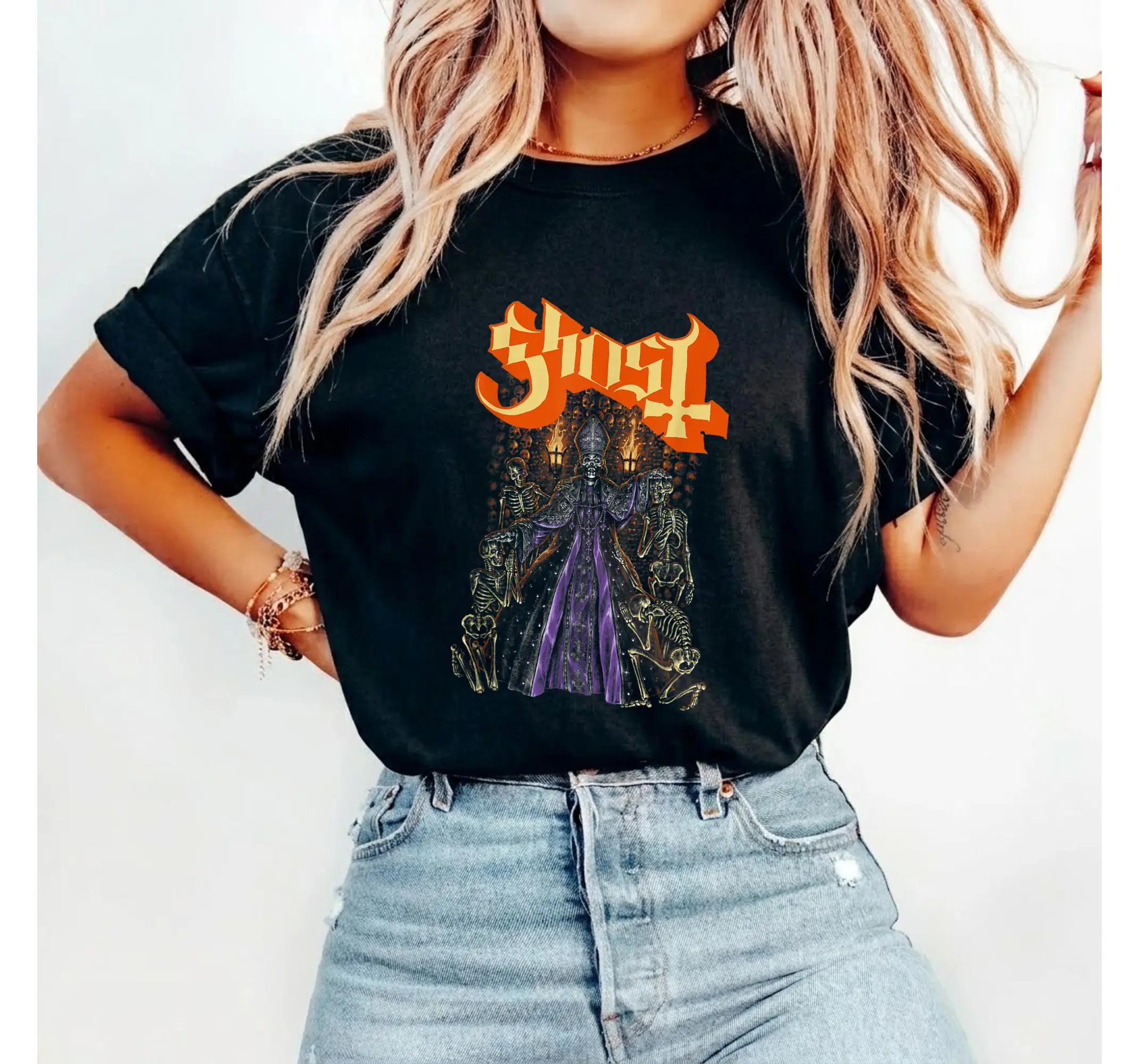 Gothic Ghost V Blessing Graphic Tee, Spooky Alt Clothing Unisex Halloween Shirt - photo 2
