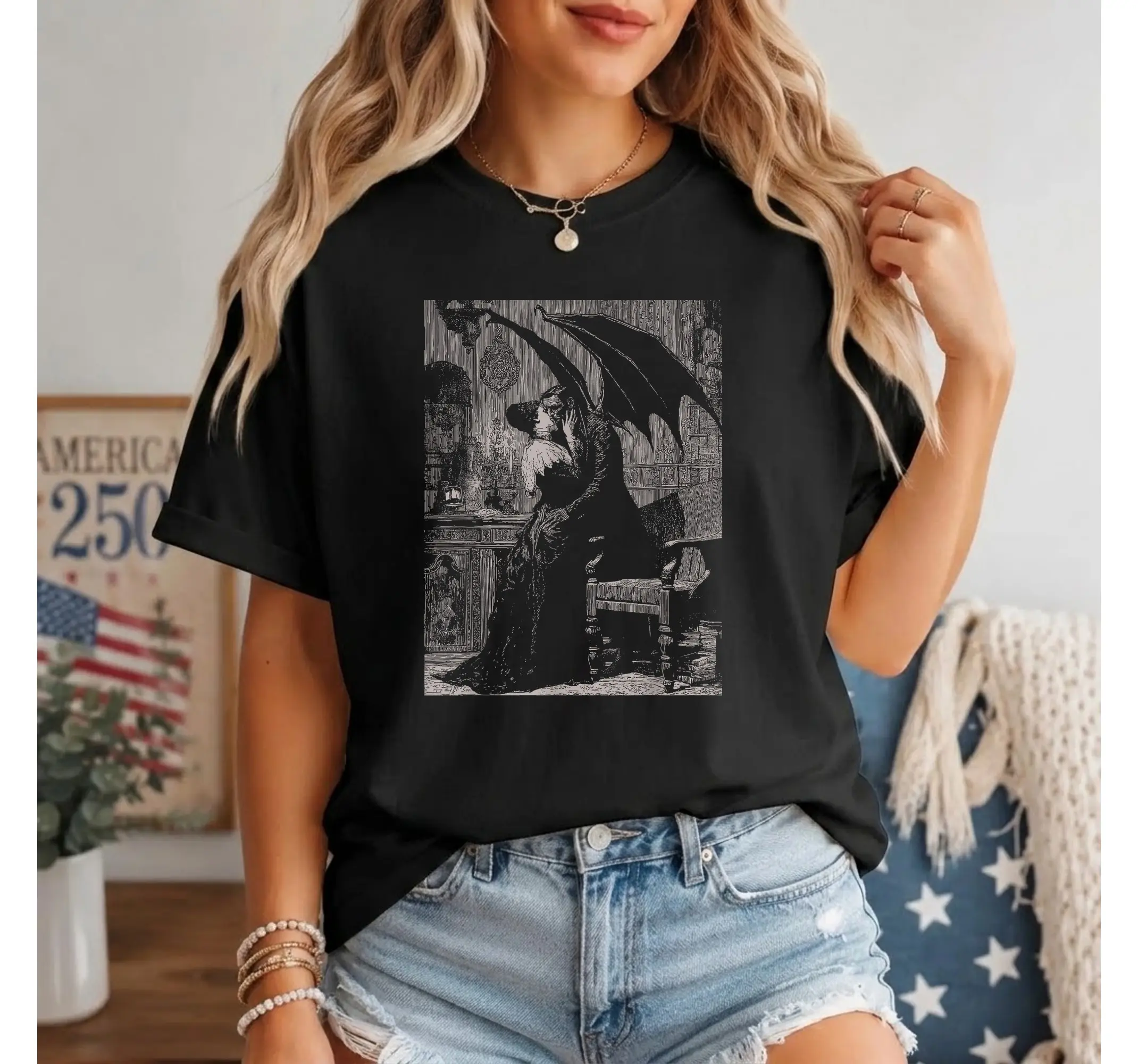 Gothic Vampire Romance T-Shirt, Dark Alt Grunge Aesthetic Graphic Tee Top - photo 3