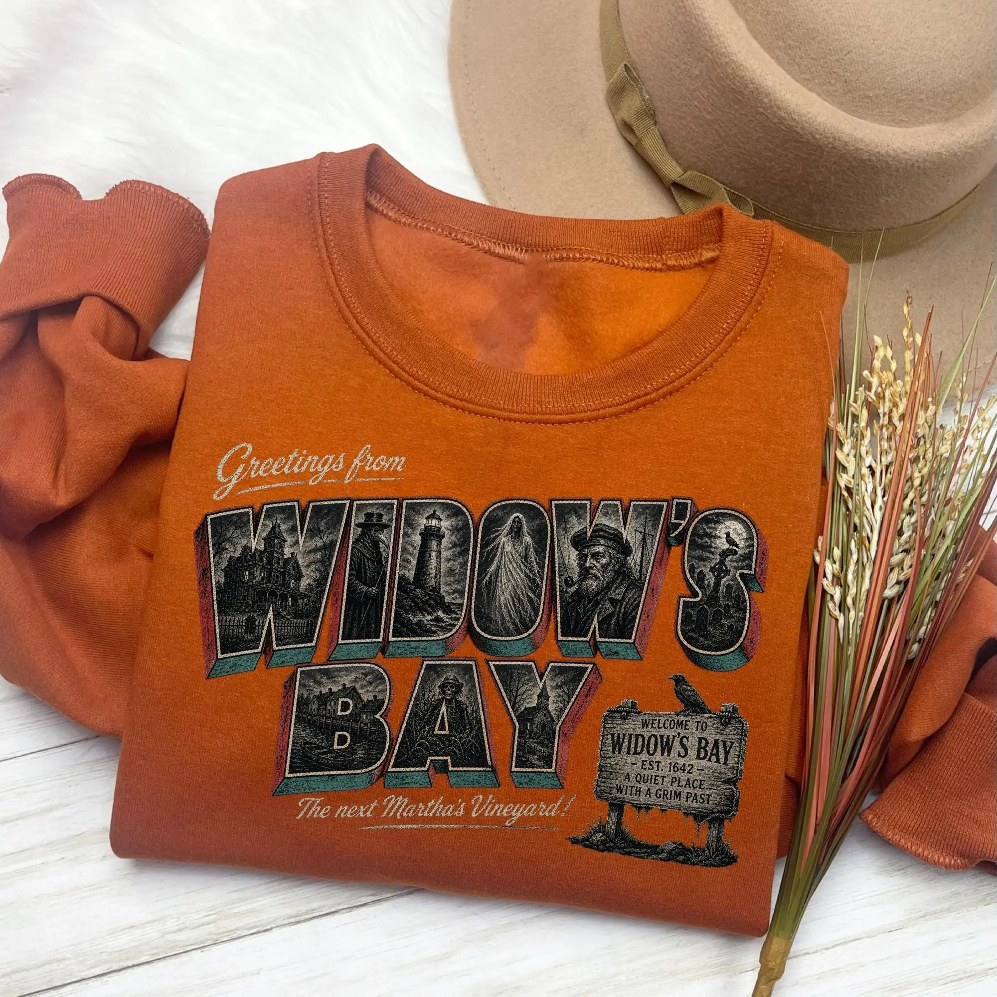 Greetings From Widows Bay Sweatshirt, Vintage Halloween Postcard Spooky Season Graphic Top