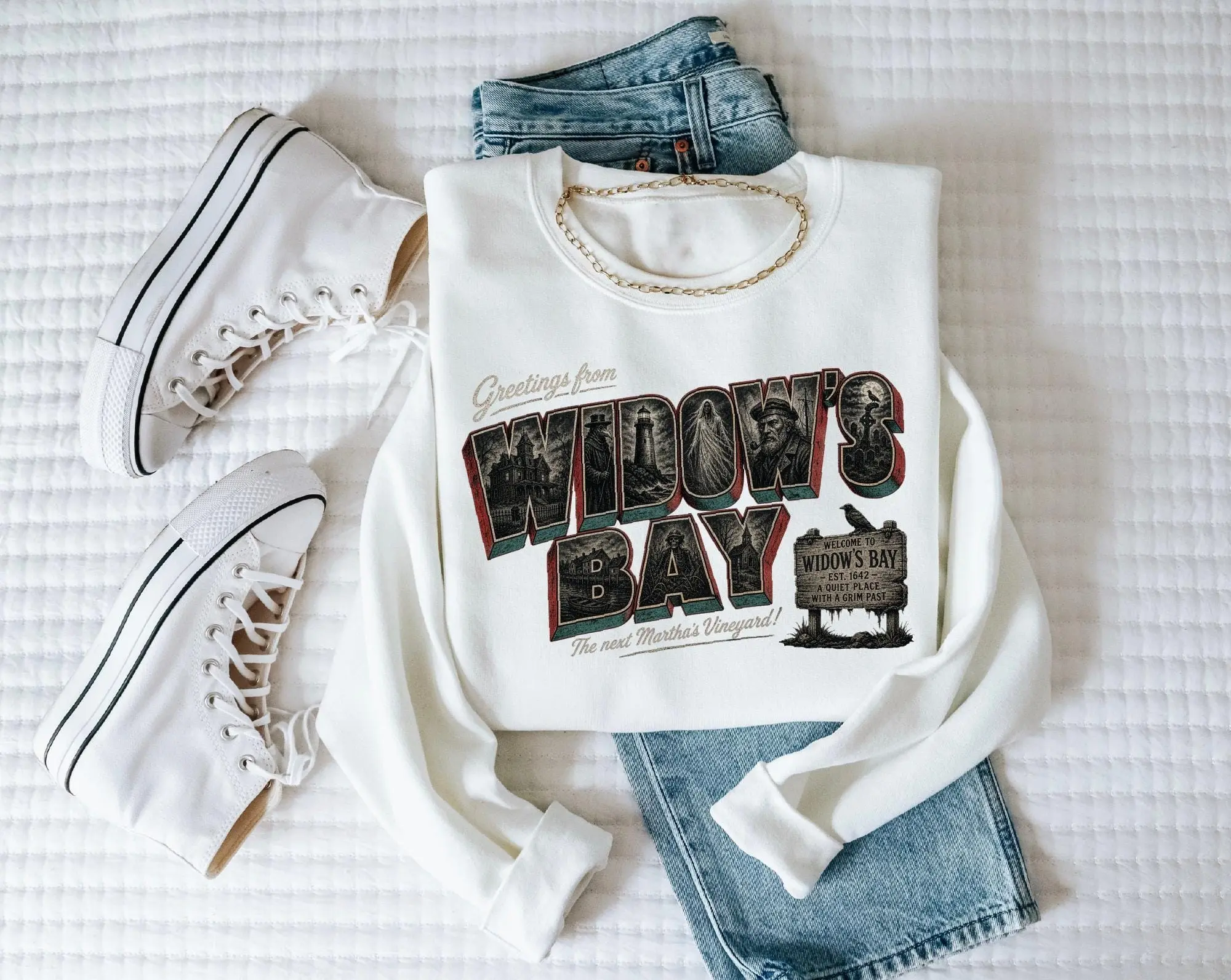 Greetings From Widows Bay Sweatshirt, Vintage Halloween Postcard Spooky Season Graphic Top - photo 2