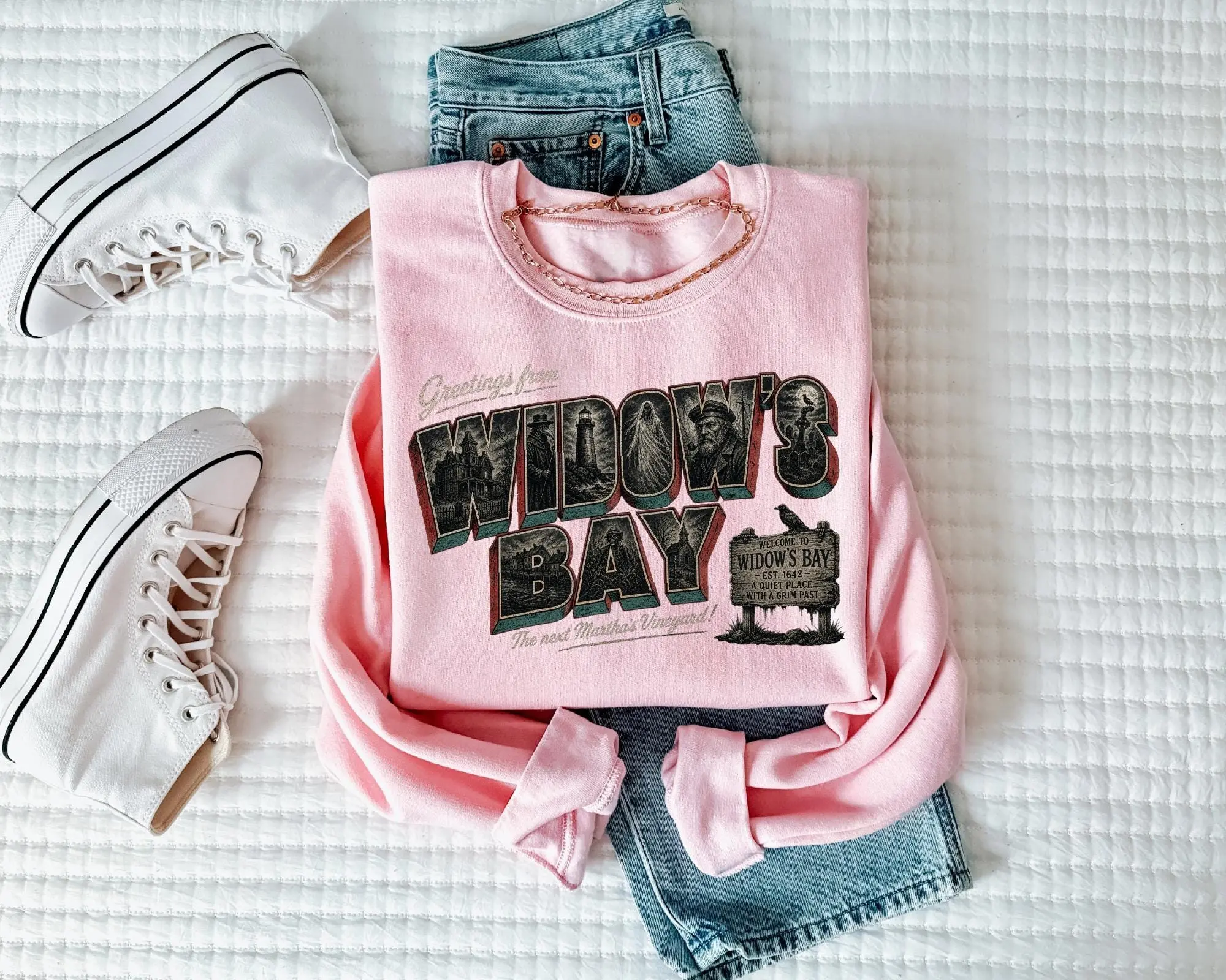 Greetings From Widows Bay Sweatshirt, Vintage Halloween Postcard Spooky Season Graphic Top - photo 3