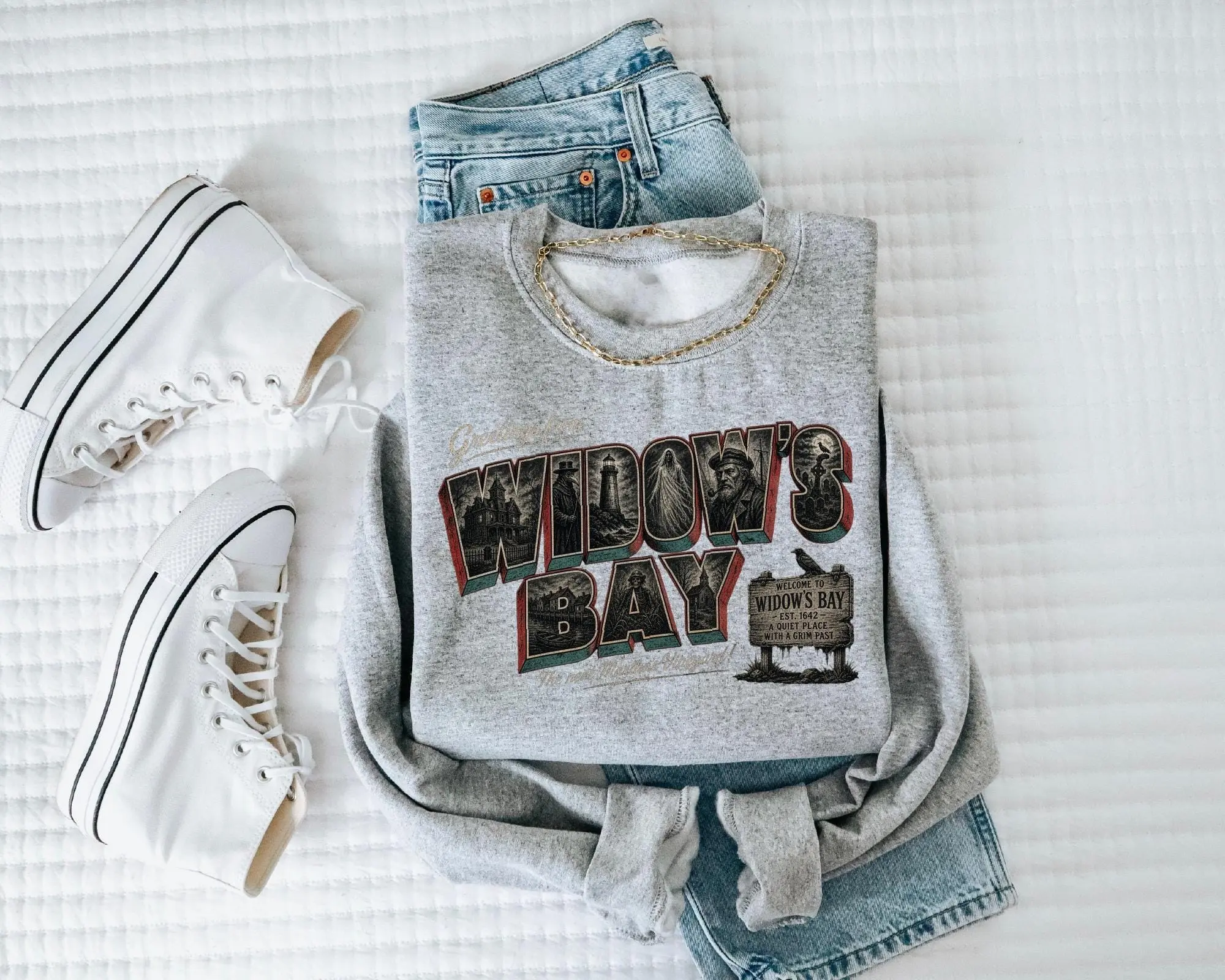 Greetings From Widows Bay Sweatshirt, Vintage Halloween Postcard Spooky Season Graphic Top - photo 4